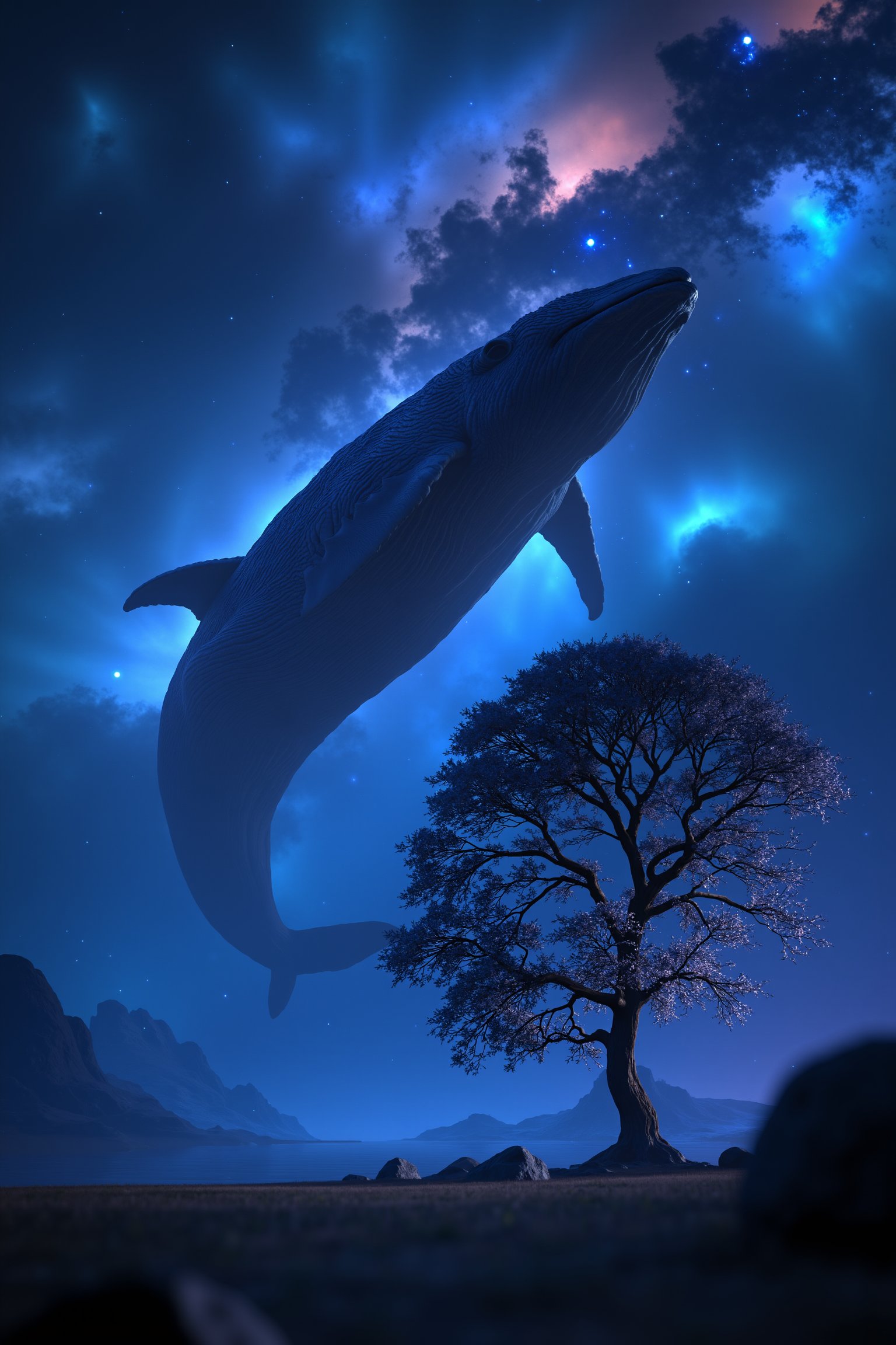 Fantasy Ultra Realistic High Detailed 8K Image, mythical creature like a super-large terrifying whale swimming in the sky, Multiverse tree beside it, beautiful galaxy aurora view, night, bright, CG, landscape, close-up shot, focused on whale and tree, cosmic lighting, dynamic composition, capturing the surreal scene, immersive environment blending celestial, mythical, and fantastical elements.