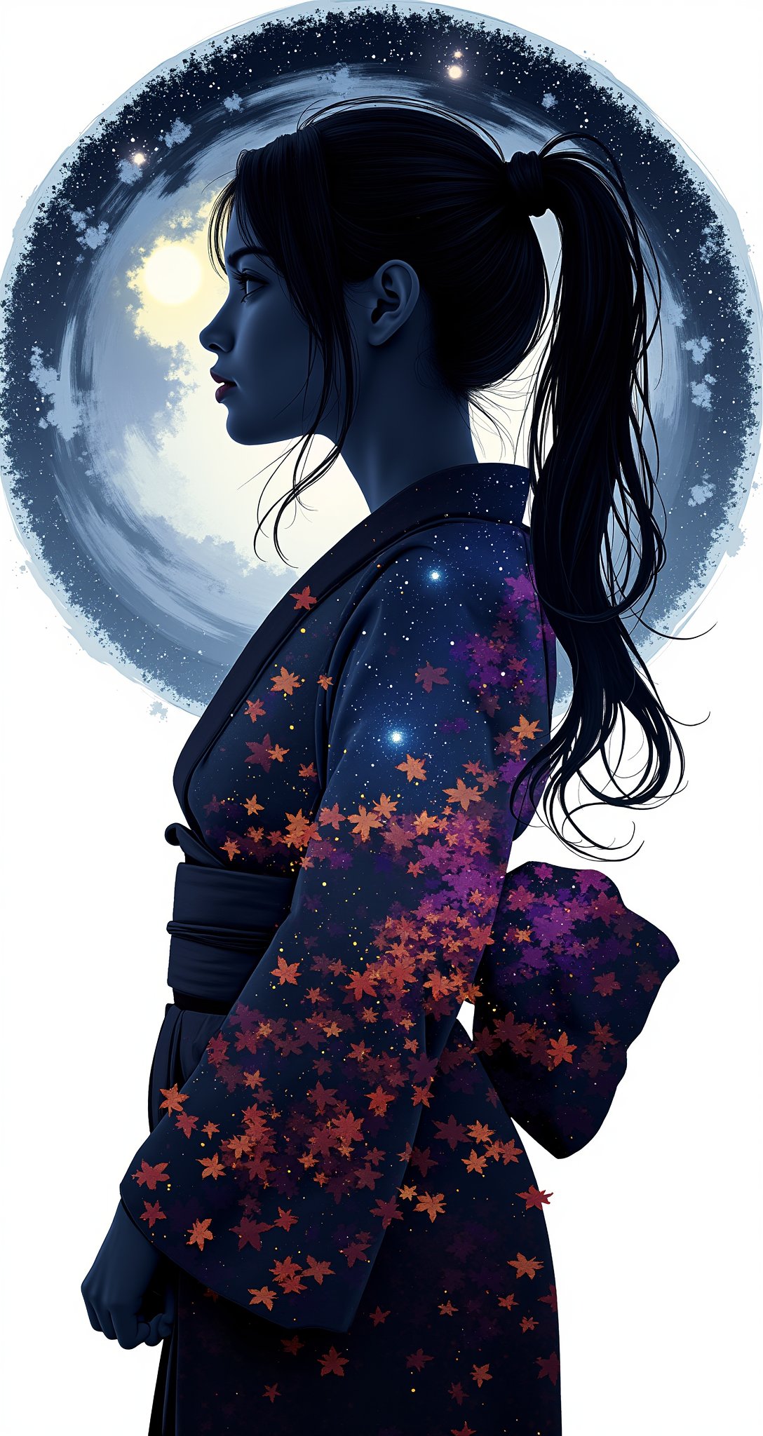 Starry night sky, silhouette of a woman with long ponytail cascading down, moon casting ethereal glow, autumn leaves pattern on her figure, black and grey gradation overlapping like translucent layers of mysterious forest, Hakama and Kimono adorning her form, dynamic pose, silhouette isolated against white background, galaxy in vibrant hues in the distance, woman's shadow blending with autumn leaves' intricate design, (masterpiece:1.3),(highest quality:1.4),(ultra detailed:1.5), High resolution, extremely detailed, unity 8k.