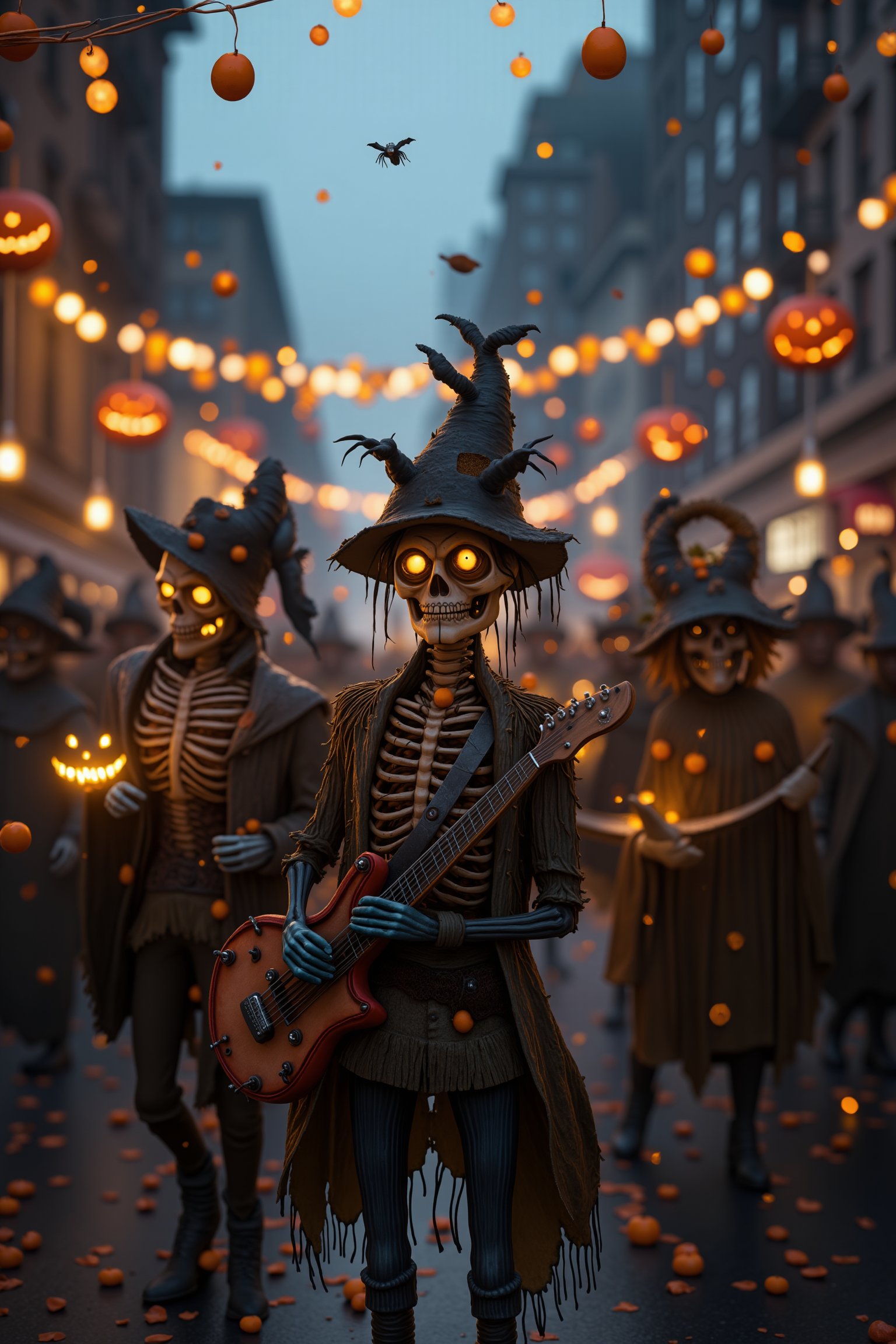 Fantasy image realistic 8K ultra high detailed, marching band of skeletons, scarecrows, and vampires parading on the street, playing musical instruments, street adorned with pumpkin lights, New York City, colorful candy rain from above, late afternoon, vibrant atmosphere, close-up shot, focused on the band members and instruments, natural lighting, dynamic composition, capturing the festive and spooky scene, immersive environment blending urban, supernatural, and cultural elements.