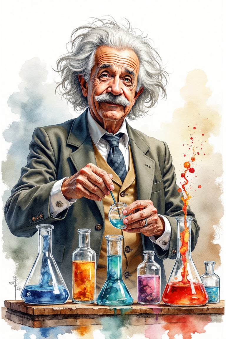 A watercolor ink illustration of Colonel Sanders as Einstein,  conducting an experiment. He stands in a medium shot,  surr...