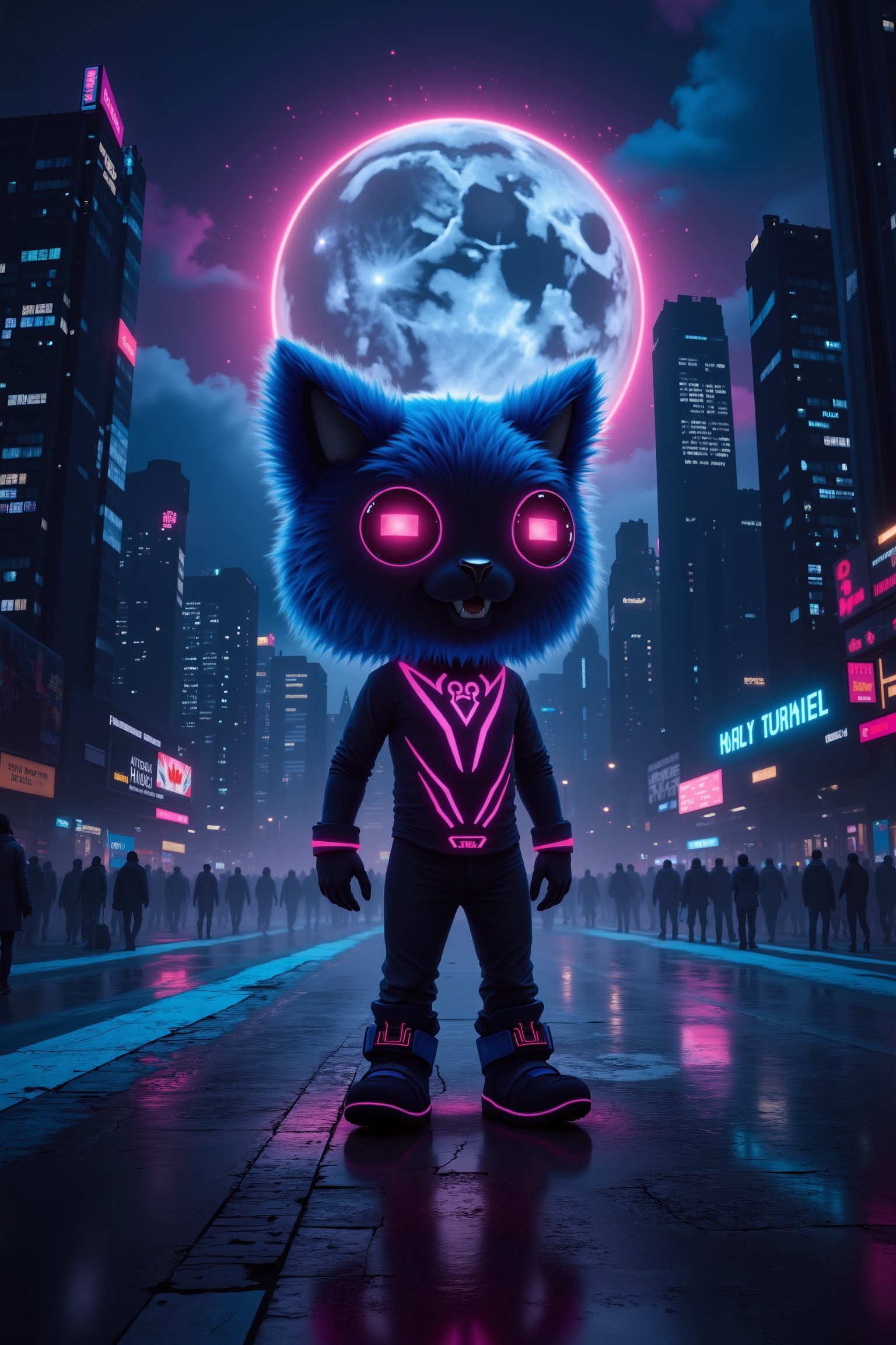 A cyberpunk cityscape under a full moon, neon lights casting vibrant shadows. Flux TenTen, the mascot, stands prominently in the foreground, illuminated by neon glow. The mascot is depicted in a dynamic pose, surrounded by futuristic elements and towering skyscrapers. The composition emphasizes the contrast between the dark shadows and the bright, colorful neon lighting, creating a striking visual impact.