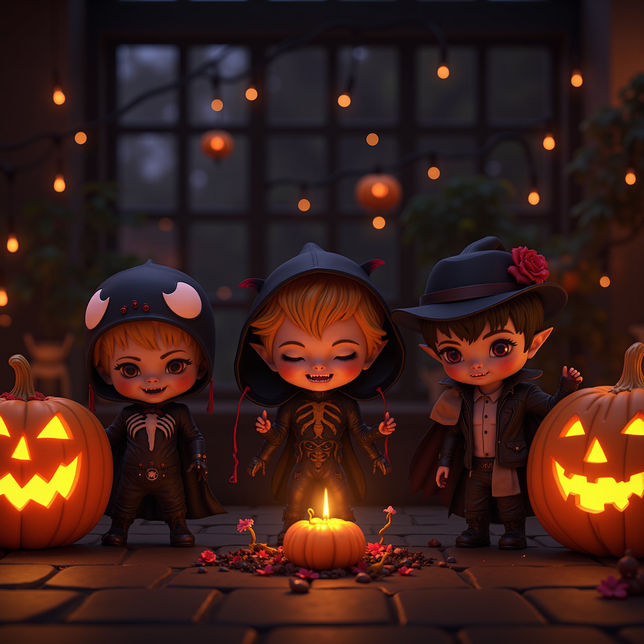 Fantasy art, three chibi cute young children wearing Halloween costumes: a cute Venom, a cute scarecrow, and a cute vampire. The interior is dark, illuminated by pumpkin candles, creating a creepy atmosphere. The image is 8K UHD, featuring chibi characters with a melancholic vibe.