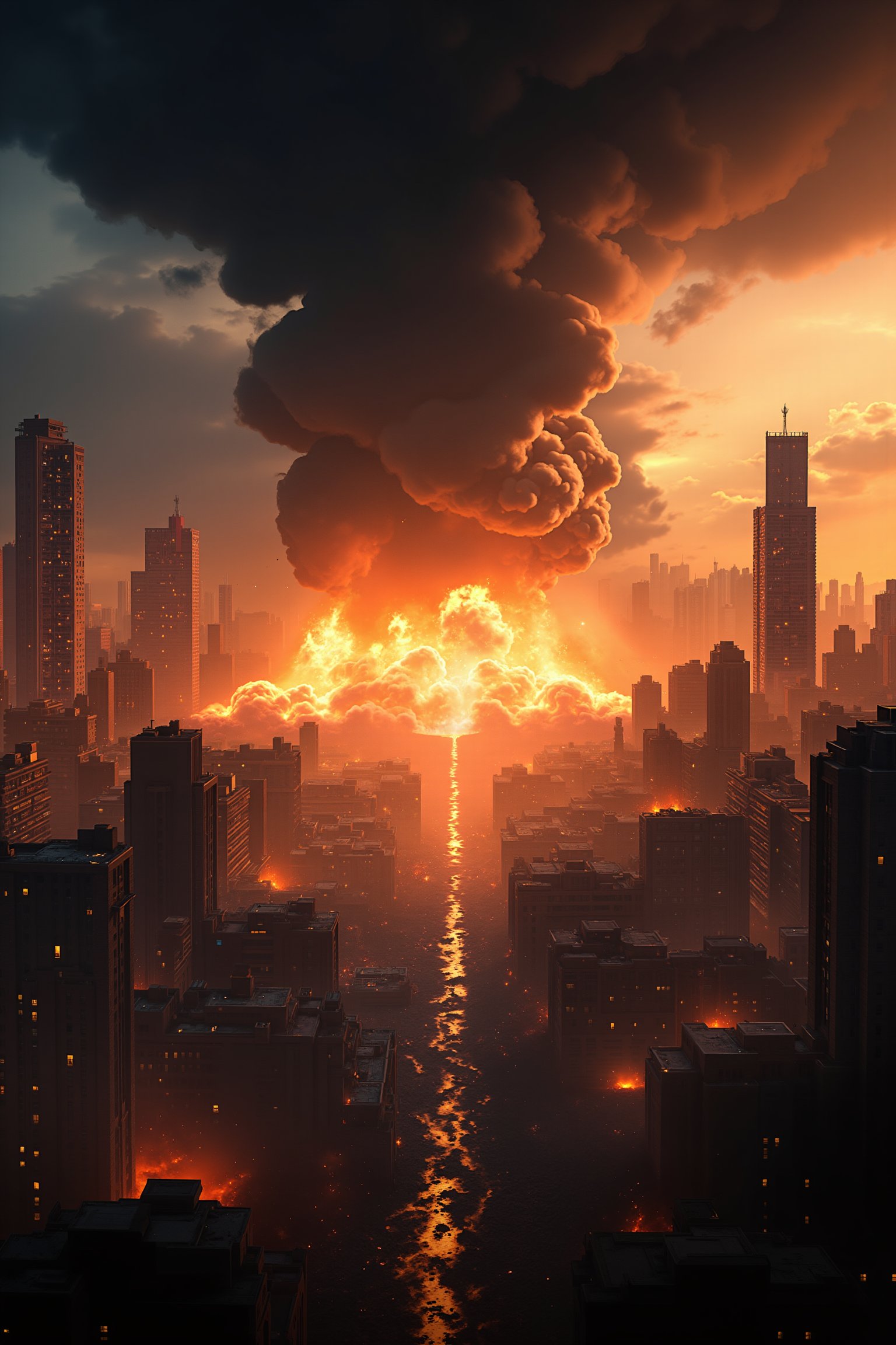 8K UHD image, realistic depiction of Armageddon, apocalyptic scene with massive destruction, crumbling buildings, fiery explosions, dark smoke filling the sky, chaotic atmosphere, dynamic composition, focused on the intense action and devastation, immersive environment blending urban, celestial, and catastrophic elements.