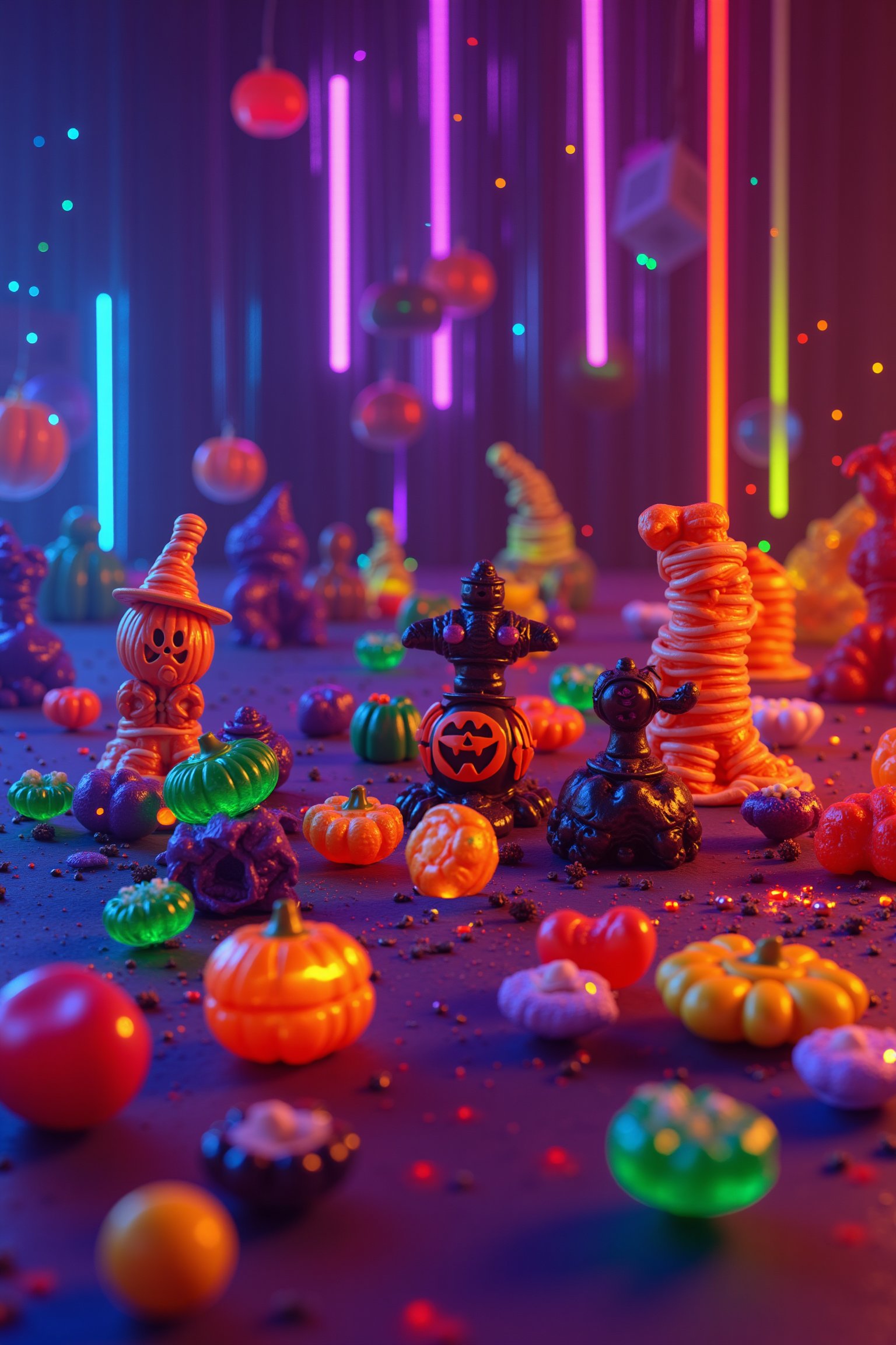 A vibrant 8K image of a room filled with colorful candies shaped like Halloween costumes, including witch, mummy, pumpkin, and vampire candies. The room is illuminated by a kaleidoscope of neon lights, enhancing the aesthetic. Each candy is intricately detailed, with unique shapes and vibrant colors. The composition highlights the playful and festive nature of the scene, capturing the essence of Halloween in a masterpiece-quality, realistic style.