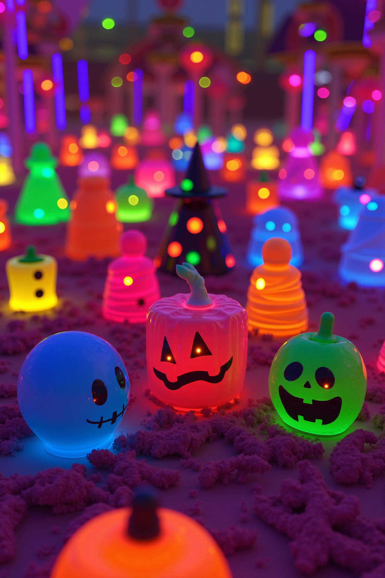 A vibrant 8K image of a room filled with colorful candies shaped like Halloween costumes, including witch, mummy, pumpkin, and vampire candies. The room is illuminated by a kaleidoscope of neon lights, enhancing the aesthetic. Each candy is intricately detailed, with unique shapes and vibrant colors. The composition highlights the playful and festive nature of the scene, capturing the essence of Halloween in a masterpiece-quality, realistic style.