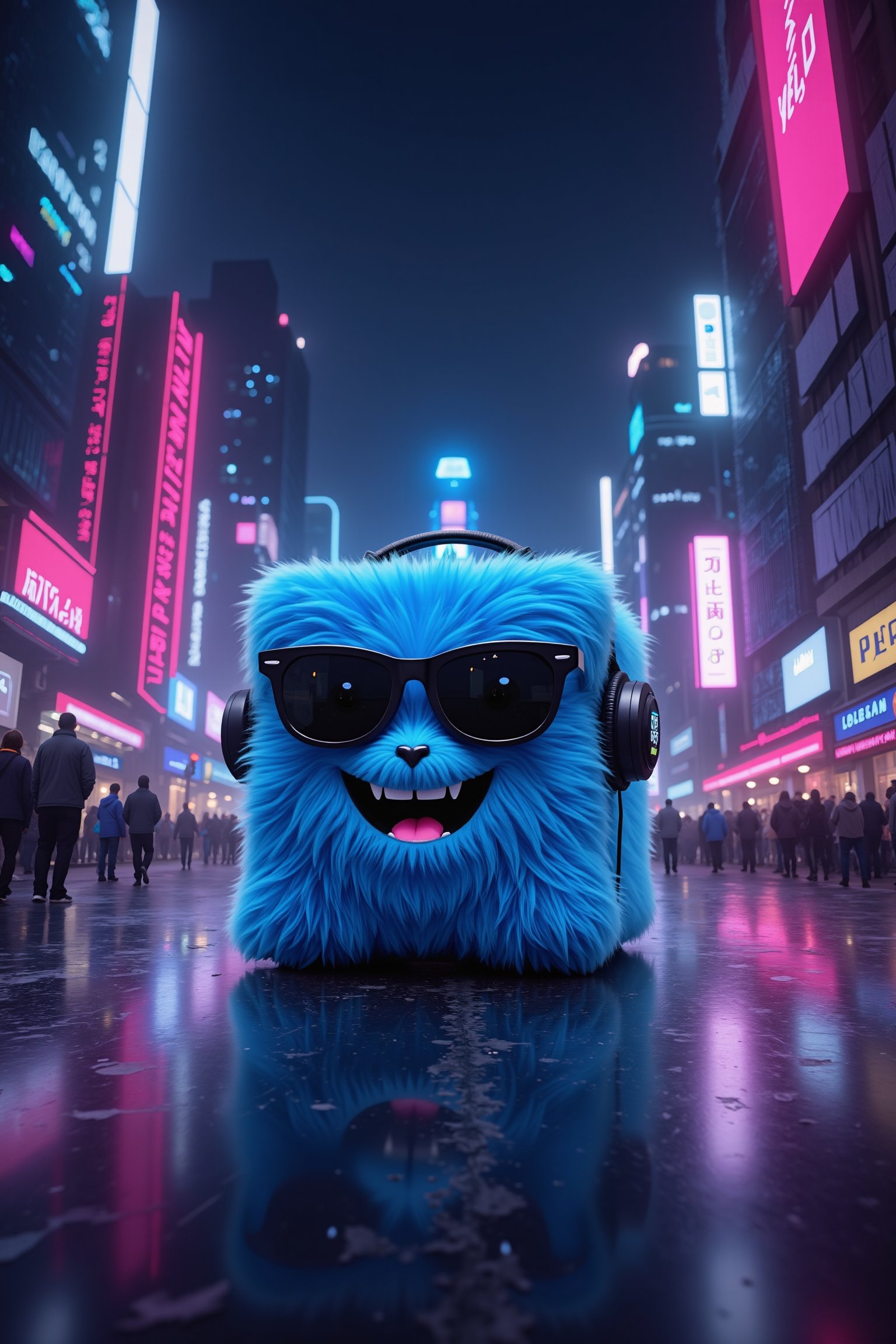 A vibrant cyberpunk cityscape with colorful neon lights illuminating the scene. In the center, the mascot Flux TenTen is depicted as a blue, furry cube with a cheerful smile, wearing black sunglasses and headphones. The mascot stands amidst futuristic skyscrapers and bustling streets, surrounded by neon lights casting dynamic shadows. The composition highlights the mascot's playful demeanor against the backdrop of a bustling, neon-lit city.