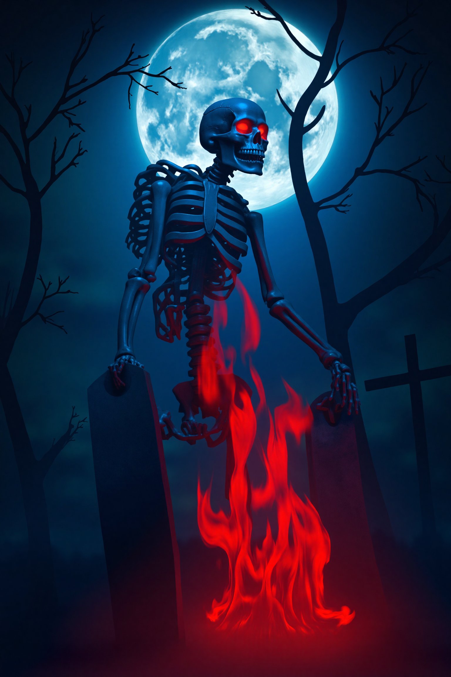 A realistic, ultra-high detailed 8K image of a creepy cemetery at night with a full moon in the background. A tombstone cracks open, revealing a skeleton emerging, engulfed in red and blue flames. The skeleton's eyes glow eerily, surrounded by ominous trees. The scene is illuminated by the moonlight, capturing every intricate detail of the fiery skeleton and the eerie atmosphere.