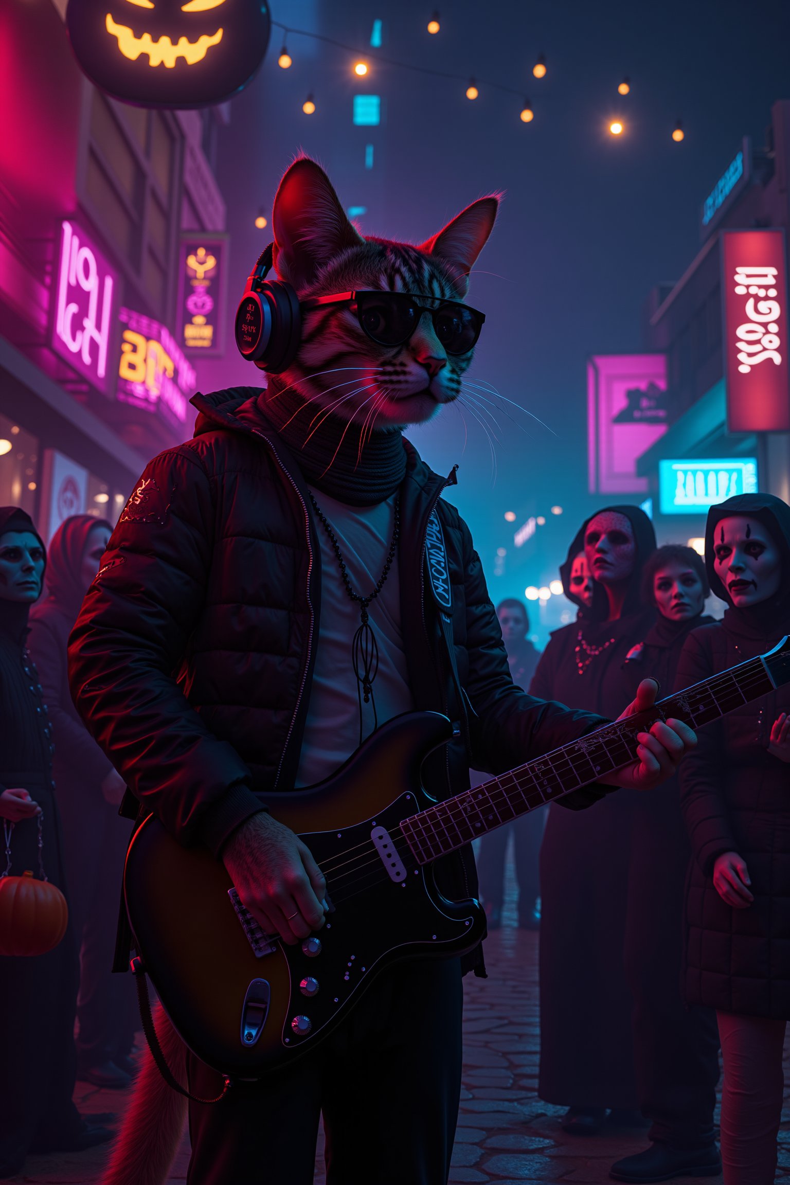 A cyberpunk-dressed cat wearing black sunglasses and headphones, playing a guitar and singing at a Halloween party. The crowd around is dressed in Halloween costumes and masks, including vampires, mummies, witches, and pumpkins. The night is dark, illuminated by colorful neon lights, creating a festive atmosphere. The scene is captured in an 8K ultra-high resolution, with a cyberpunk style, neon lighting, and a fantasy realistic art style.