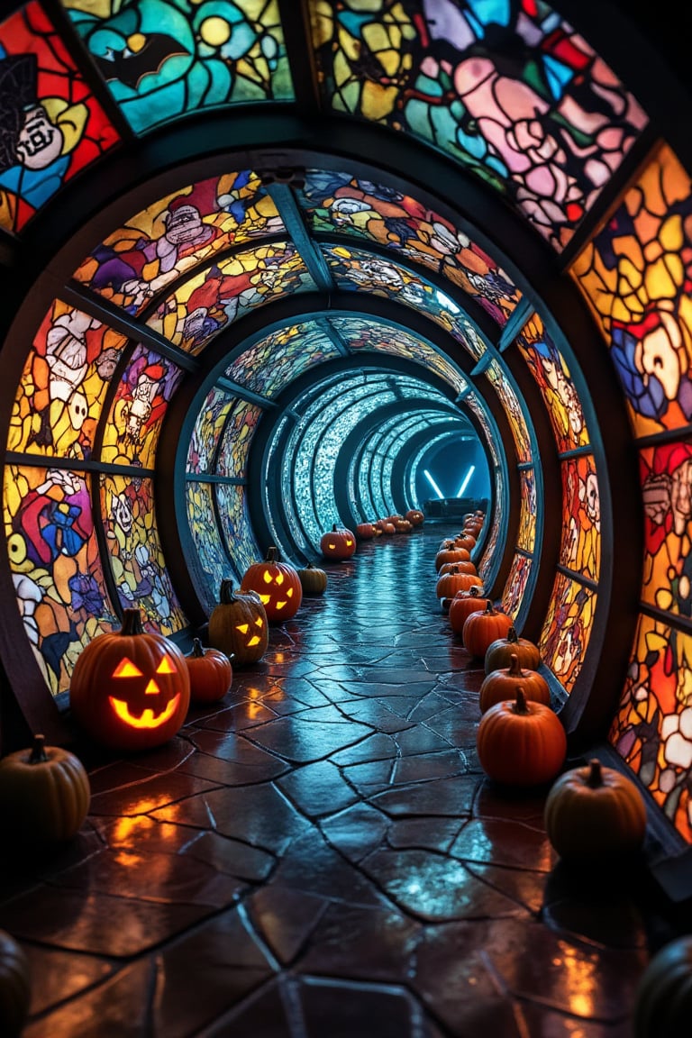 An endless tunnel with curved stained-glass walls displaying vibrant, multicolored patterns, reflecting an array of glowing hues onto the shiny tiled floor. The scene has an ethereal, futuristic ambiance, with warm blends of red, blue, yellow, and green. The tunnel's structure spirals inward, leading toward a bright, glowing exit in the distance, creating a mesmerizing, kaleidoscopic effect. A pumpkin, bat, and skeleton are subtly integrated into the intricate designs, adding a mystical touch to the futuristic setting.