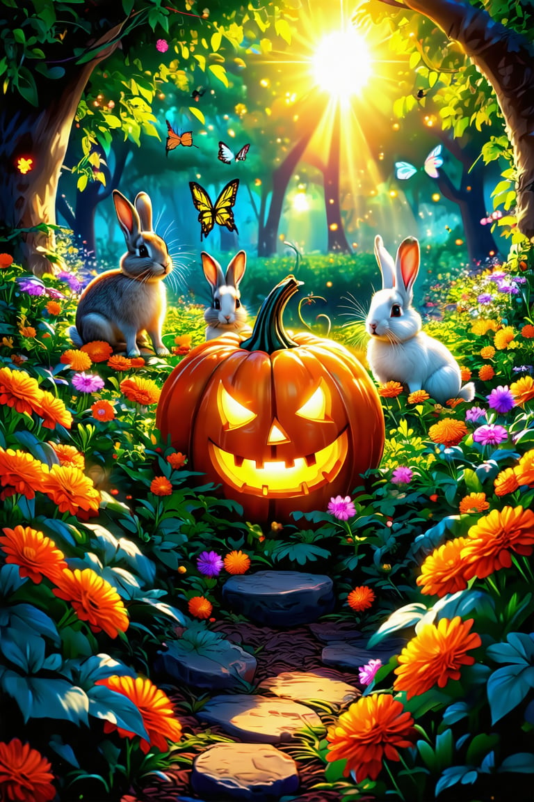 Realistic fantasy, A whimsical Halloween scene unfolds on a picturesque flower garden at midday. A vibrant pumpkin sits atop a bed of lush foliage, surrounded by fluttering butterflies and playful rabbits. The warm sunlight casts a golden glow, illuminating the charming atmosphere as the creatures frolic amidst the colorful blooms. Midjourney style, anime style