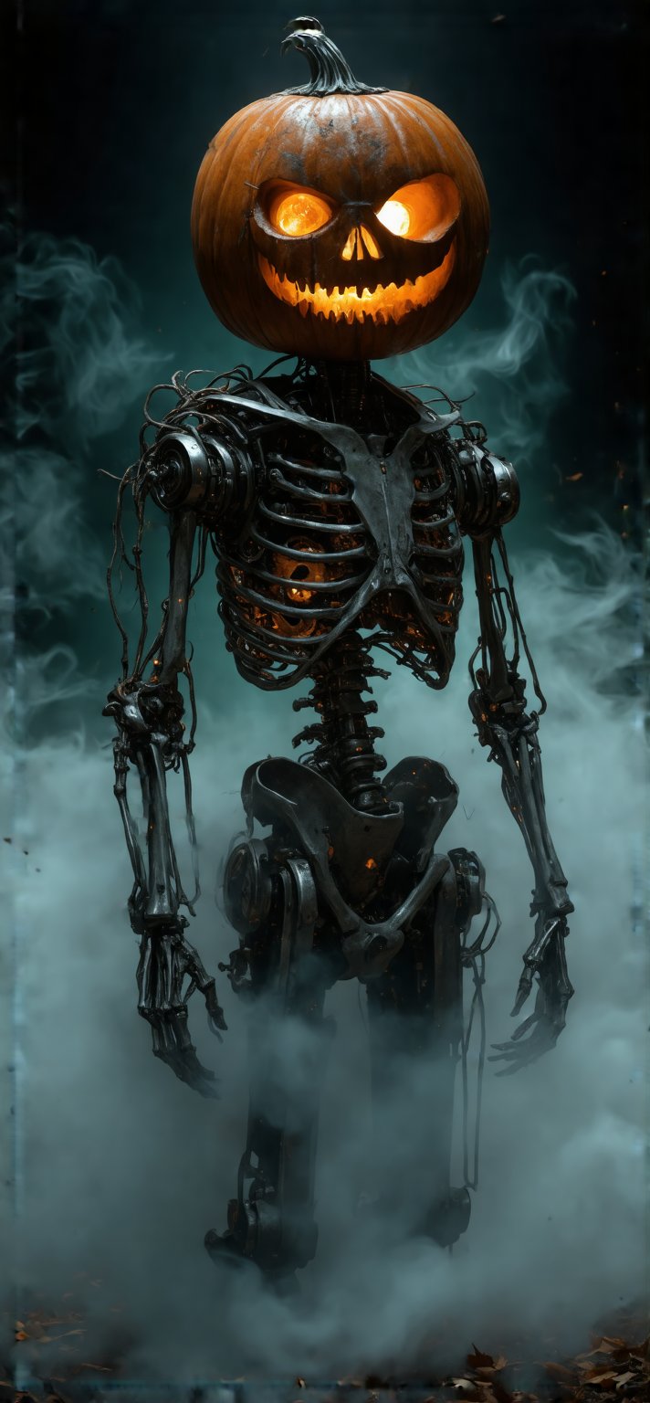 A dark and foreboding scene unfolds as the half-robot, half-pumpkin creature stands amidst a thick veil of mist. The pumpkin's face is bisected by contrasting features: a robotic side with metallic plates, exposed gears, and a gleaming mechanical eye, while the other half is a carved pumpkin with a sinister grin. Its skeletal body, adorned with metal ribs and bones, exudes an unsettling cybernetic aura. Amidst the somber atmosphere, the colors of granate, muted green, and dark blue-green hues blend to create an eerie glow. Shadows swirl around the creature, further enhancing the Halloween ambiance with its organic-robotic fusion.