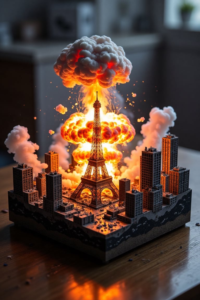 A microworld diorama in the shape of a cube,  featuring a miniature metropolis with towering skyscrapers and the iconic Ei...