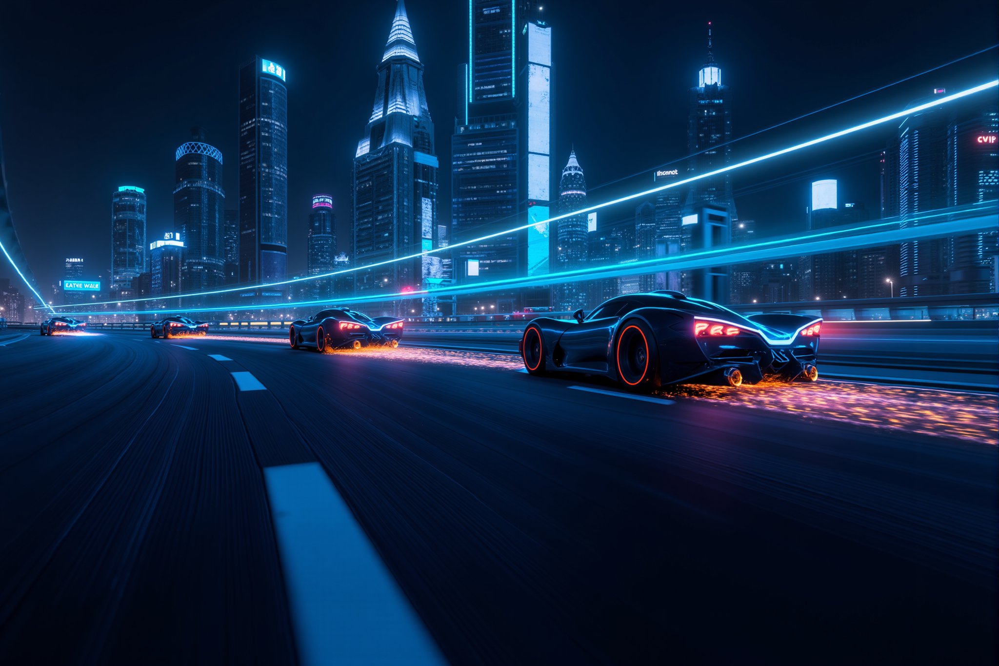 A low-angle shot of a dimly lit highway at night, with the cityscape's towering skyscrapers and holographic advertisements blurred in the background. A fleet of futuristic neon super cars speed by, their sleek bodies aglow with pulsing LED lights that cast an otherworldly glow on the pavement. Tires screech as they zoom down the highway, defying gravity and emitting a trail of fiery sparks. The composition is dynamic, emphasizing the speed and power of these high-tech vehicles as they slice through the darkness, reflecting the city's cyberpunk essence.