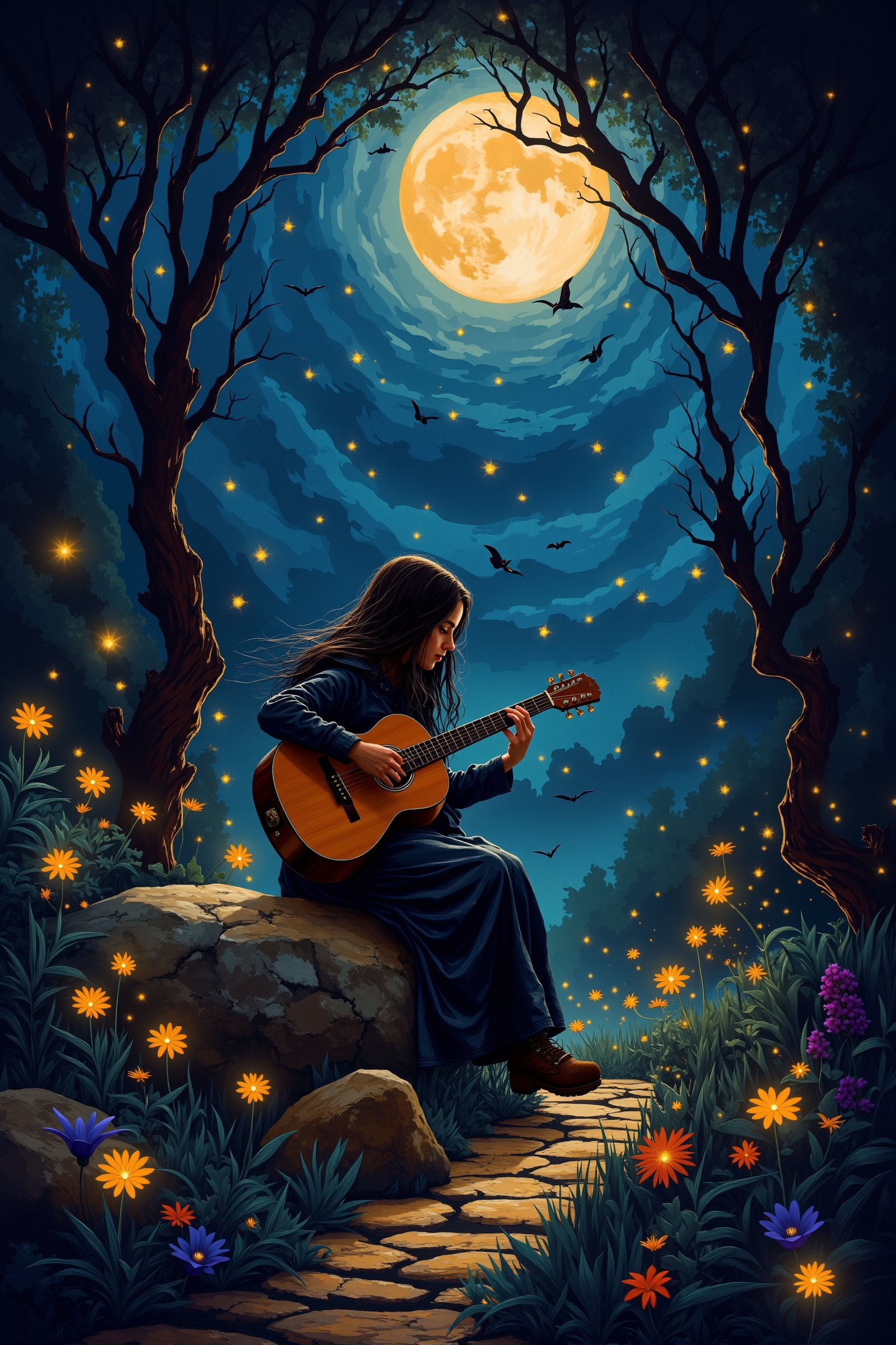 8K image, vibrant cubist masterpiece of a girl with long, flowing hair playing a mystical guitar under moonlight in a magical nighttime garden. The scene features glowing flowers, twinkling fireflies, and a whimsical, surreal atmosphere. Fragmented, geometric style with dynamic composition and soft, enchanting lighting.