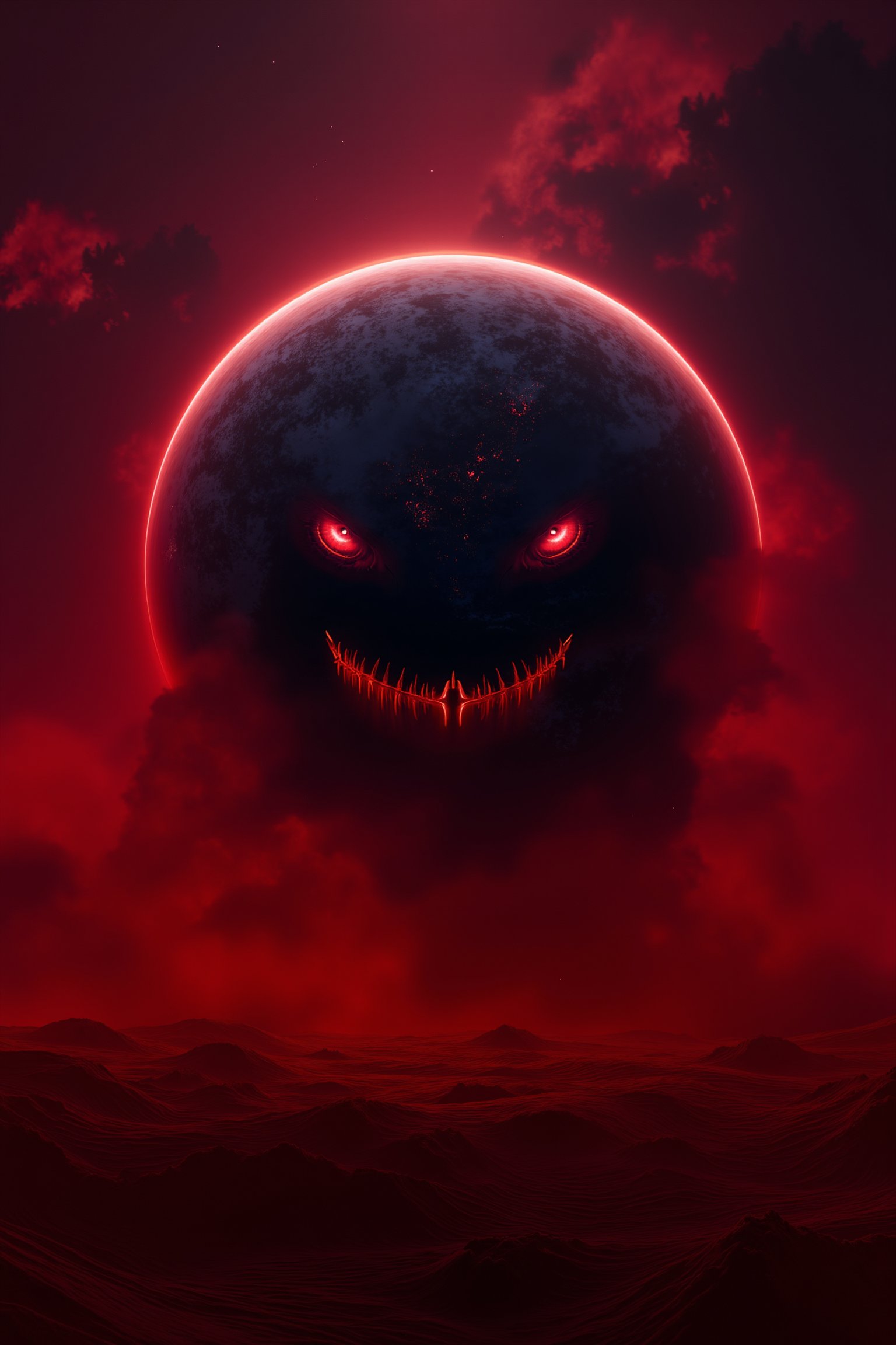 A high-detail photo of a desolate, evil-looking planet with a death aura, bathed in red neon colors. The planet Earth is depicted with perfect, detailed eyes, symbolizing a haunting presence. The scene is illuminated by eerie red neon lights, enhancing the ominous atmosphere. The composition is framed to highlight the planet's menacing features, with the eyes being the focal point.