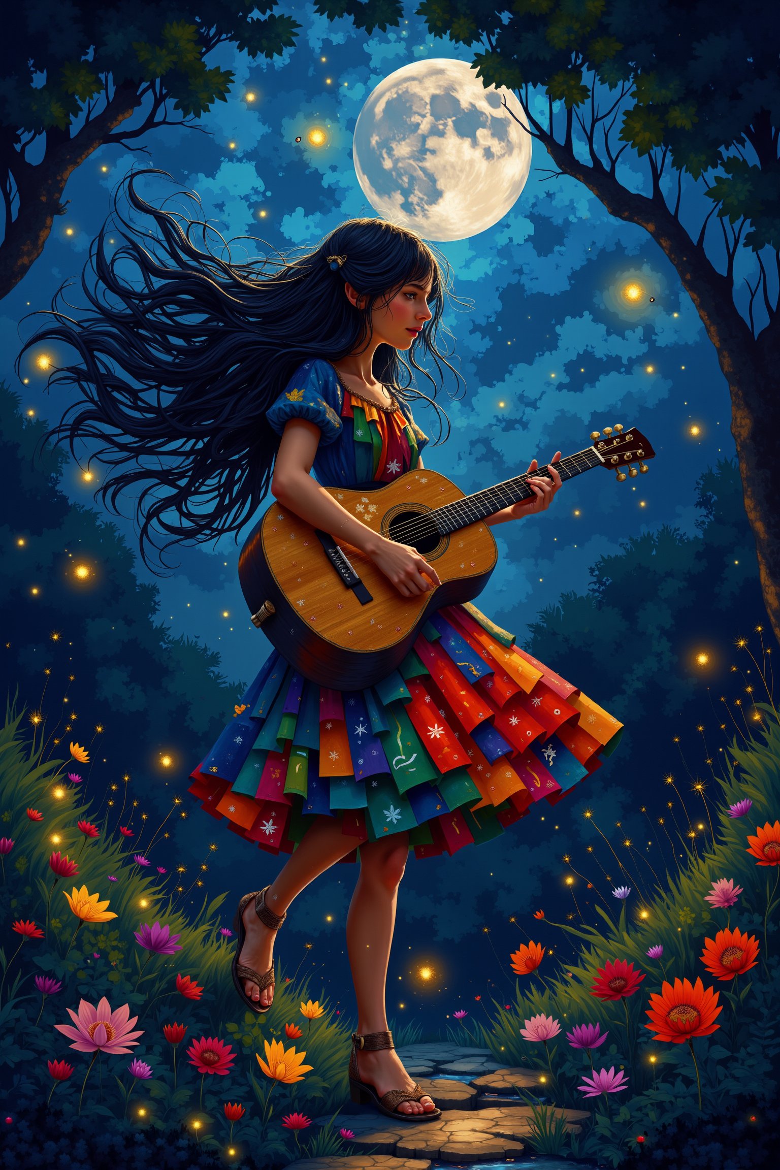 8K image, vibrant cubist masterpiece of a girl with long, flowing hair playing a mystical guitar under moonlight in a magical nighttime garden. The scene features glowing flowers, twinkling fireflies, and a whimsical, surreal atmosphere. Fragmented, geometric style with dynamic composition and soft, enchanting lighting.