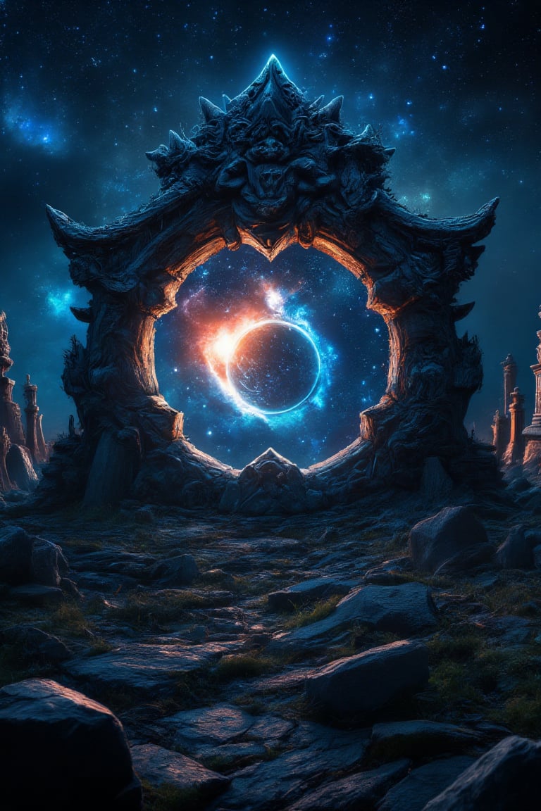 A massive tombstone forming a portal, revealing an 8K realistic fantasy depiction of outer space, stars, and galaxies within. The portal emits a supernatural glow, with cosmic elements swirling and creating an ethereal ambiance. The scene is framed with a wide shot, capturing the tombstone's intricate details and the vastness of the space beyond, under a dark, starry sky with a mystical, otherworldly light.