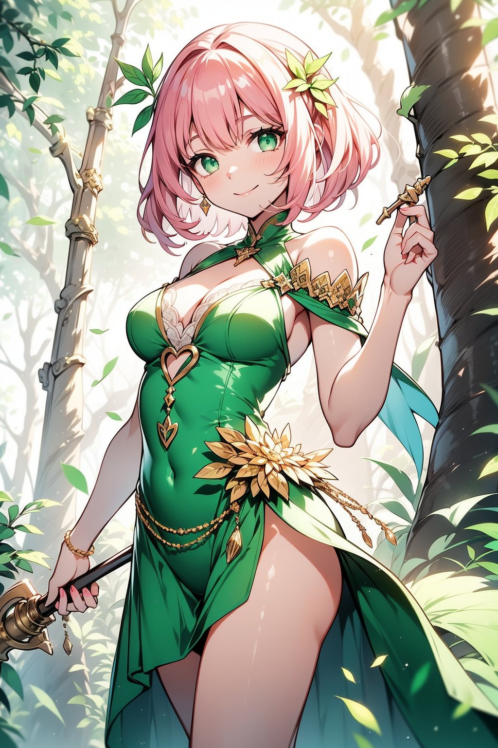 4K, 1 young woman, 20 years old , solo, green eyes, short pink hair, slender body, perfect brasts, smile, green one-piece dress,  wood scepter, Plants, leaf, green magic circle, forest