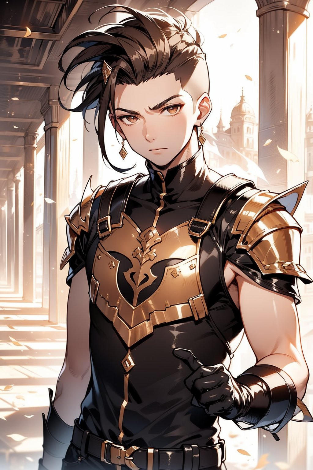 4K, 1 young man, solo, brown eyes, light brown hair, undercut very short hair, slender body, black Slim Fit Sleeveless T-shirt, brown iron armor,iron gloves, steam on hand, headband, desert