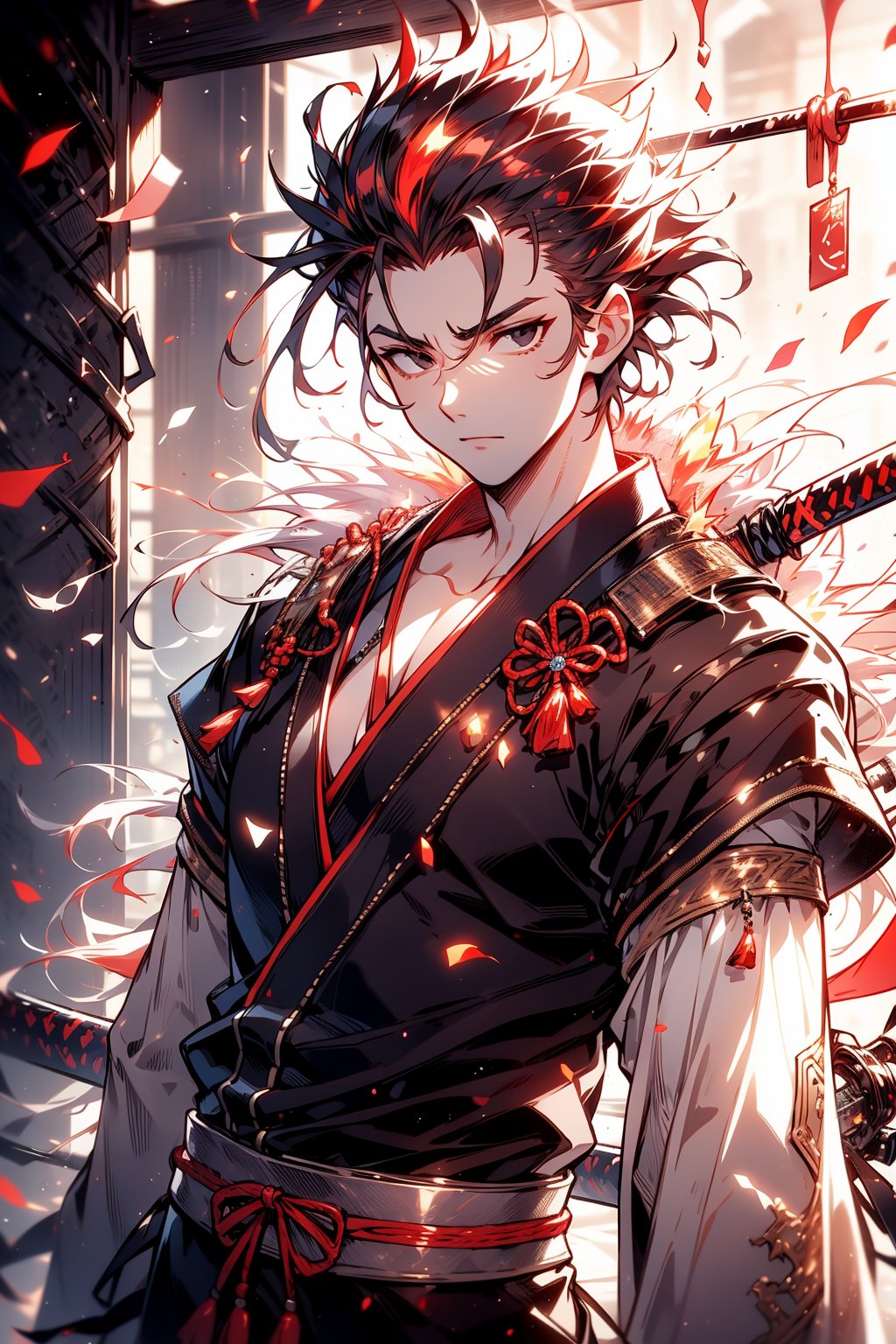 4K, 1 young man, Samurai, 20 years old, solo, black eyes, black spiked hair with red highlighted, slender body, red japanese clothes, Katana, magic, afternoon