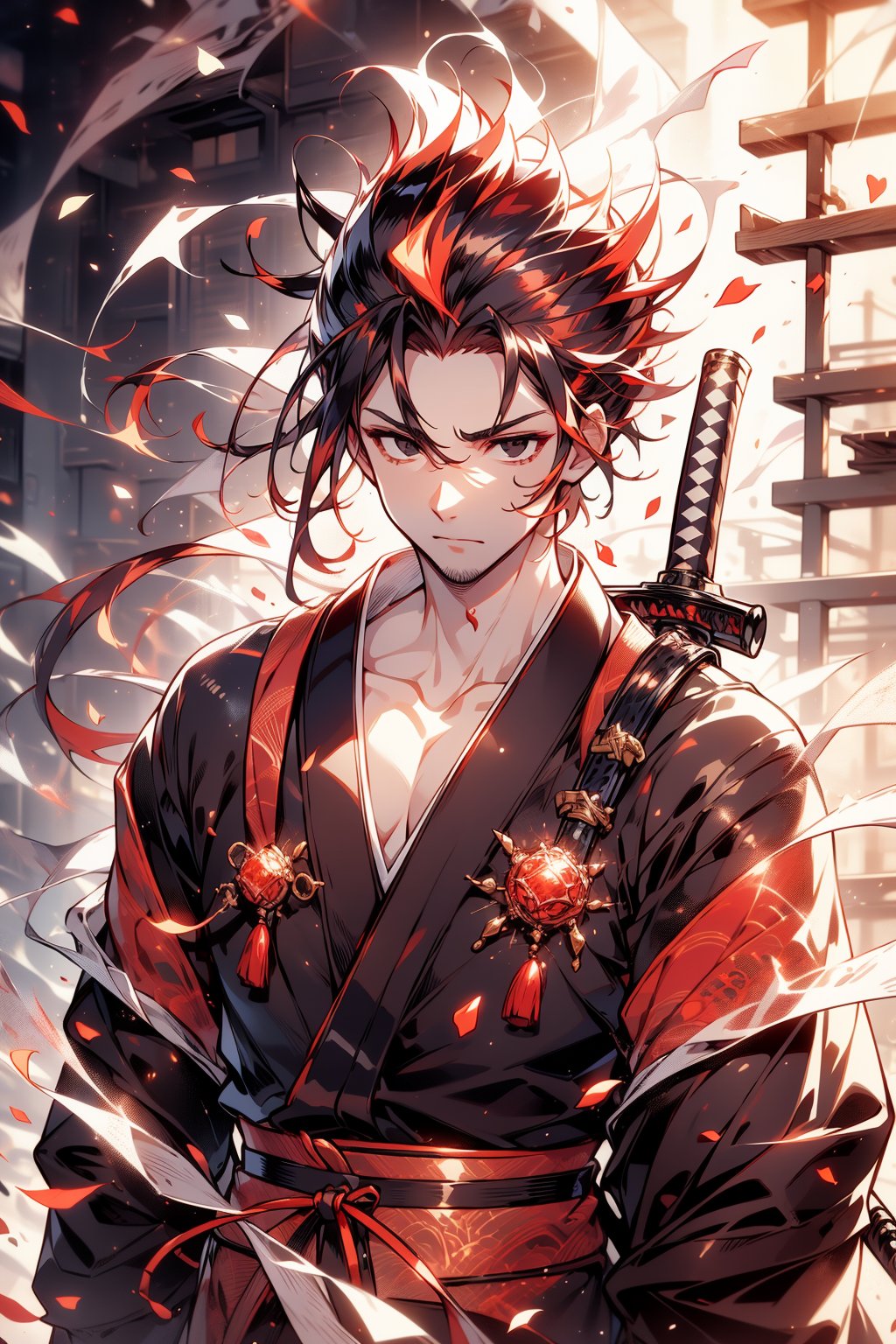 4K, 1 young man, Samurai, 20 years old, solo, black eyes, black spiked hair with red highlighted, slender body, red japanese clothes, Katana, magic, afternoon