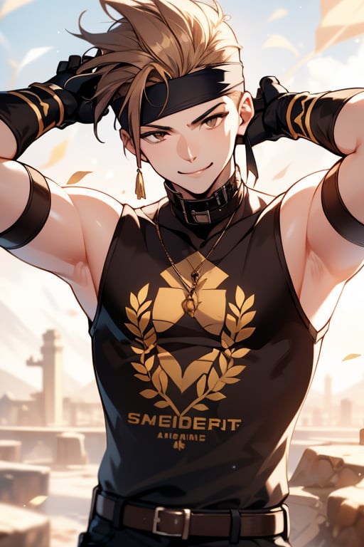 4K, 1 young man, fighter, solo, brown eyes, light brown hair, undercut very short hair, smile, slender body, black Slim Fit Sleeveless T-shirt, brown iron armor,iron gloves, steam, headband, desert