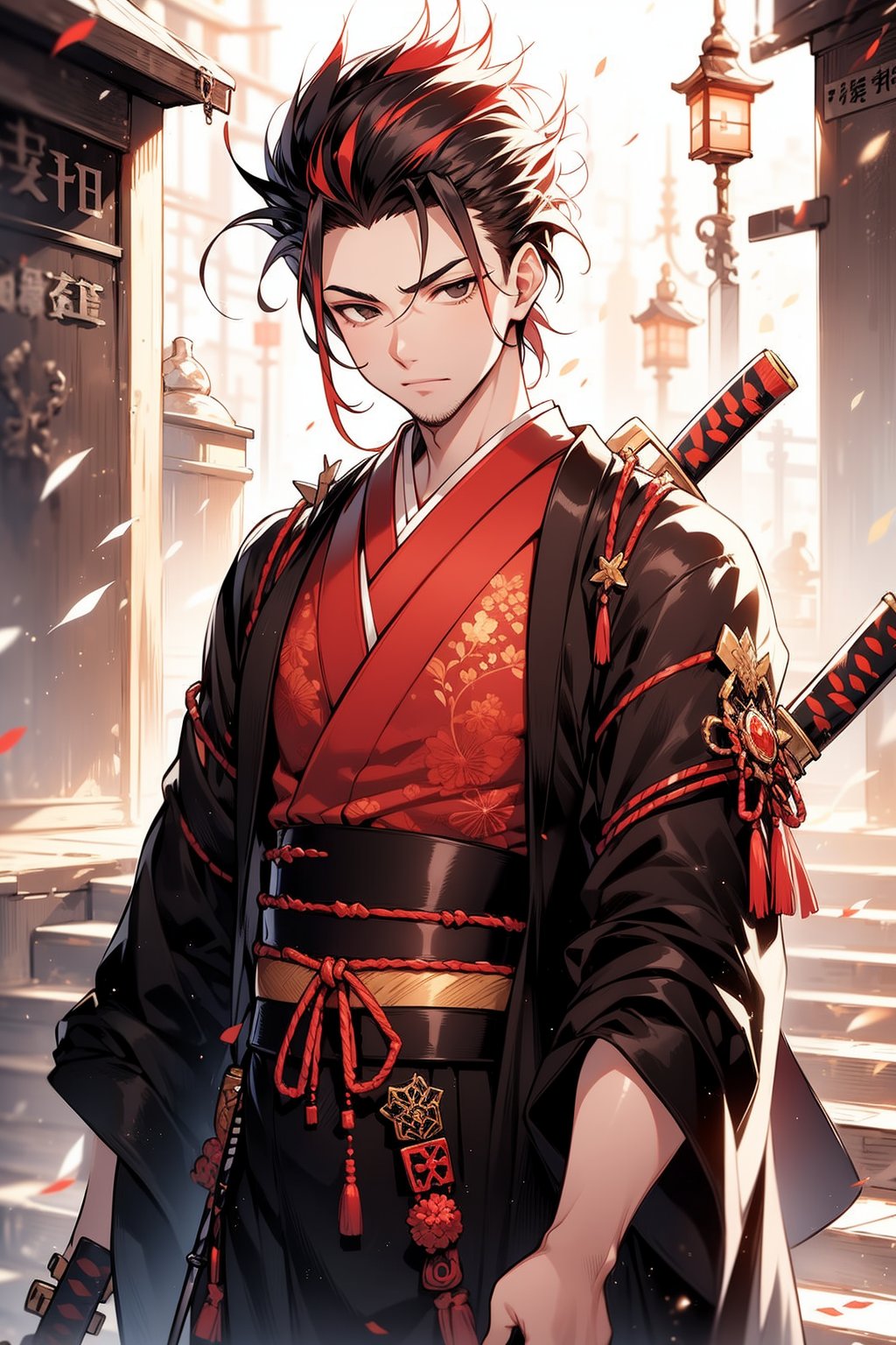 4K, 1 young man, Samurai, 20 years old, solo, black eyes, black spiked hair with red highlighted, slender body, red japanese clothes, Katana, magic, afternoon