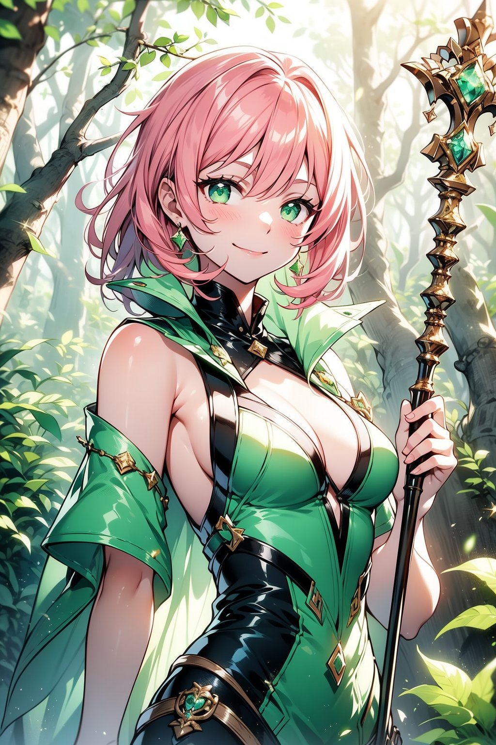 4K, 1 young woman, 20 years old , solo, green eyes, short pink hair, slender body, perfect brasts, smile, green one-piece dress,  wood scepter, Plants, leaf, green magic circle, forest