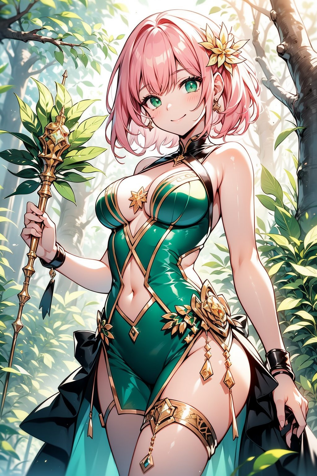 4K, 1 young woman, 20 years old , solo, green eyes, short pink hair, slender body, perfect brasts, smile, green one-piece dress,  wood scepter, Plants, leaf, green magic circle, forest