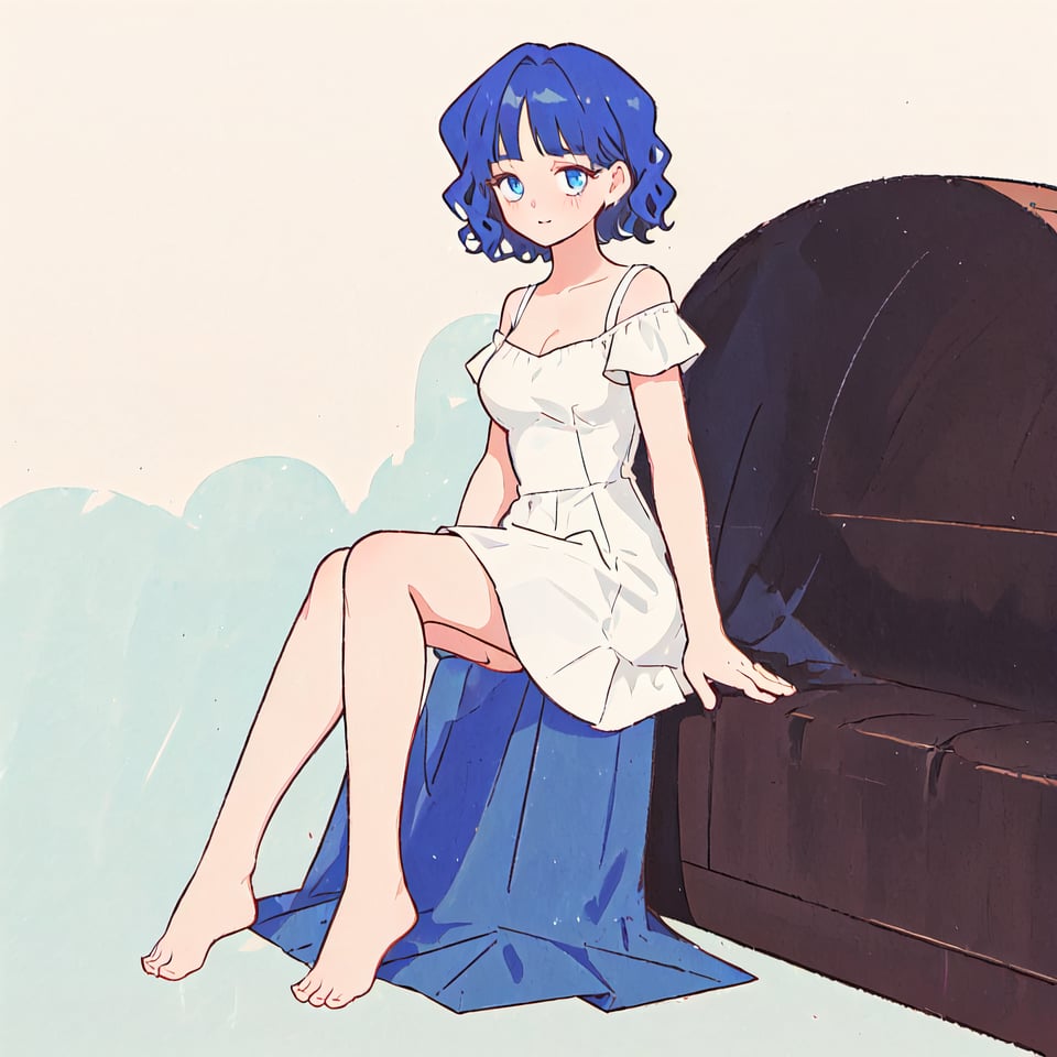 1girl, solo, bery curly short hair, simple_background, withe_background, medium breasts, vioket_eyes, dar-blue_hair, no shoes, short dress ,Unun_girl 