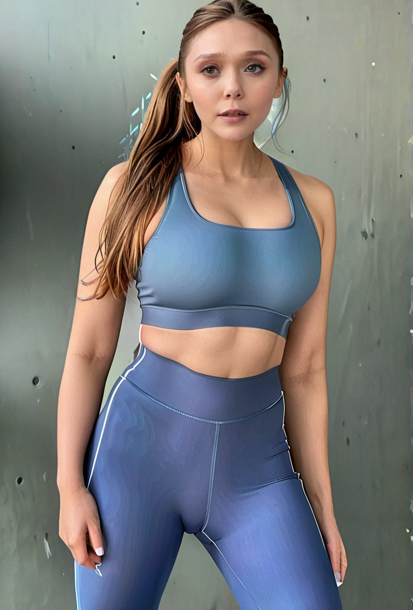 Extremely Realistic, 1girl, solo, beautiful woman, sexy woman, (((elizabeth olsen, brown hair, long hair, beautiful and detailed eyes, ((hairtie, ponytail)), full body, ((she wears sports bra and tight short Cameltoe in full body shot)), ((elizabeth olsen wears tight Cameltoe, cameltoe pussy in full body shot)), front_view))), facing_viewer, looking_at_viewer, gigantic_breast, cosplay photo, full body, tight_outfit, wet clothes, yoga pants, black pants, high-waist pants, leggings, tight leggings, tight pants, ass focus, show ass, cum_filled, cum on face, cum on body, cum on clothing