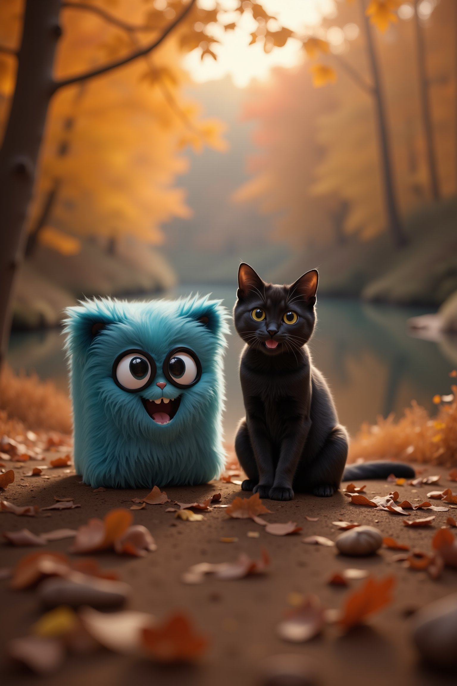 8K image of a cheerful TenTen mascot and a black cat smiling together in an autumn forest, surrounded by vibrant fall foliage, a serene body of water in the background. The scene is framed with a wide-angle shot, capturing the expansive forest and the reflection of the trees on the water. Soft, warm lighting illuminates the characters, highlighting their joyful expressions amidst the golden hues of the autumn landscape.