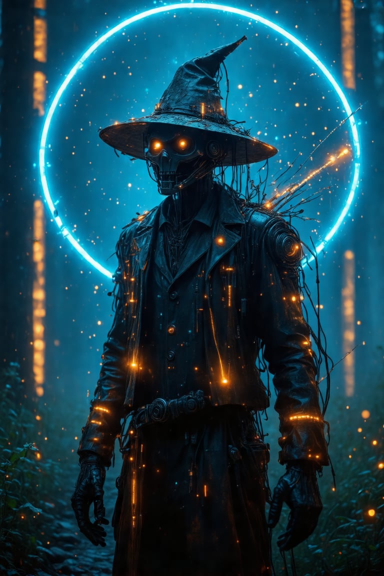 A haunting editorial photograph of a cyber scarecrow disintegrating into a cascade of electrons amidst intricate neon-lit circuitry. The Auger-Meitner effect unfolds with atomic visualization, glowing particle trails illuminating the scene. Volumetric lighting casts depth and drama, while Dutch light adds dramatic flair. Natural textures blend seamlessly with futuristic ambiance, as electrons swirl like wispy fog around the crumbling scarecrow's mechanical form, surrounded by a halo of radiant circuitry. The composition is dynamic, focusing on the interplay of light and shadow, and the mesmerizing dance of electrons.