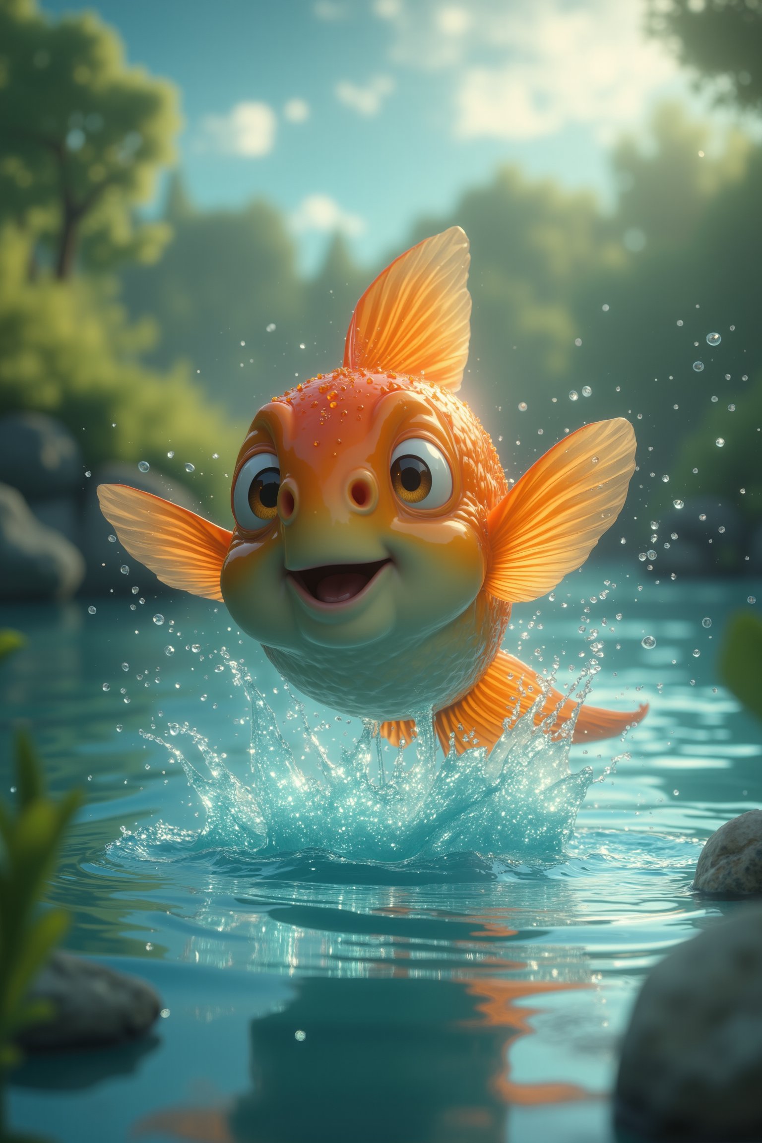 8K UHD realistic image of a cute fish jumping from water, droplets sparkling in the sunlight, creating a playful splash. The fish has large, expressive eyes and a cheerful, animated expression. The background features a serene, clear blue body of water with gentle ripples, surrounded by lush greenery and a bright, sunny sky. The composition captures the fish mid-air, frozen in a moment of joy and freedom.