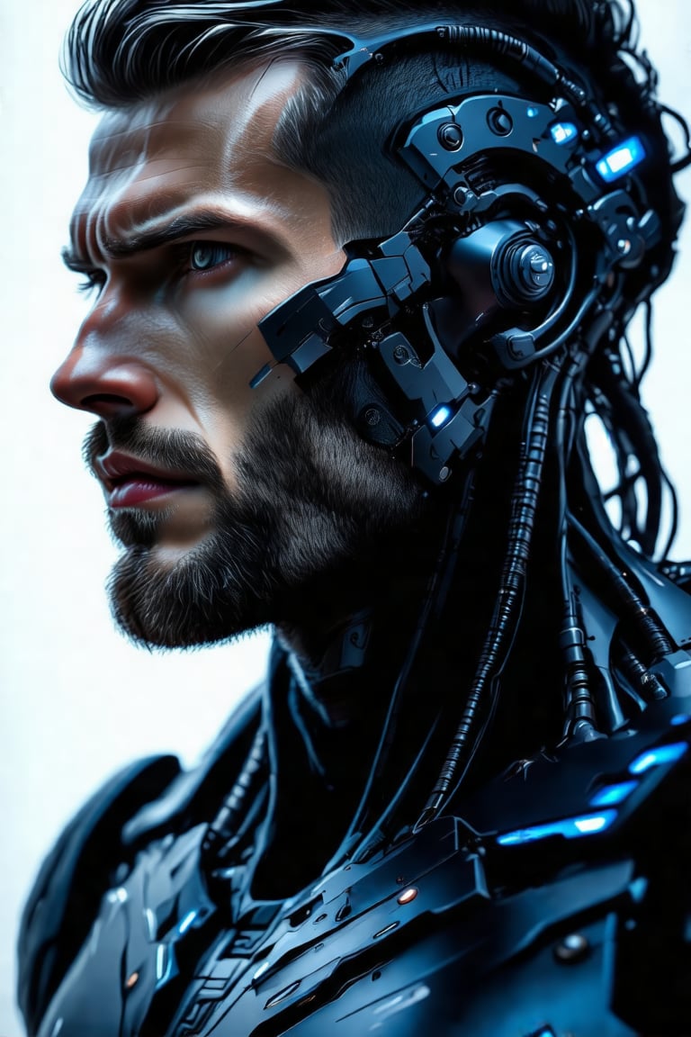 cyborg man, his face is half human, close up, high detailed texture