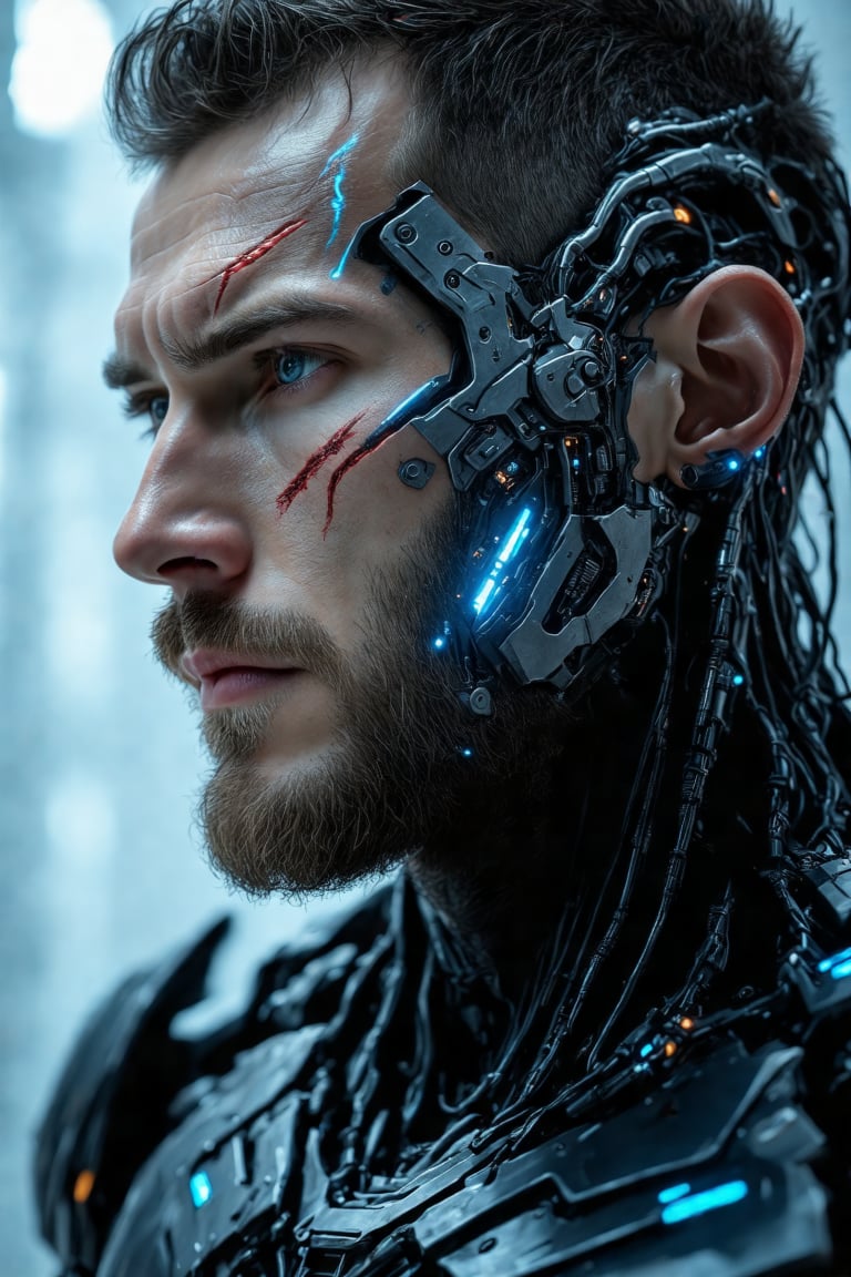 Close-up shot of a cyborg man's face, where the left side appears fully human with soft features and subtle facial expressions. The right side of his face, however, is mechanized, with metallic plates, wires, and glowing blue circuits intricately textured to convey a sense of high-tech integration. The camera captures every detail, from the faint scar above his human eyebrow to the whirring mechanical components on his cybernetic half.