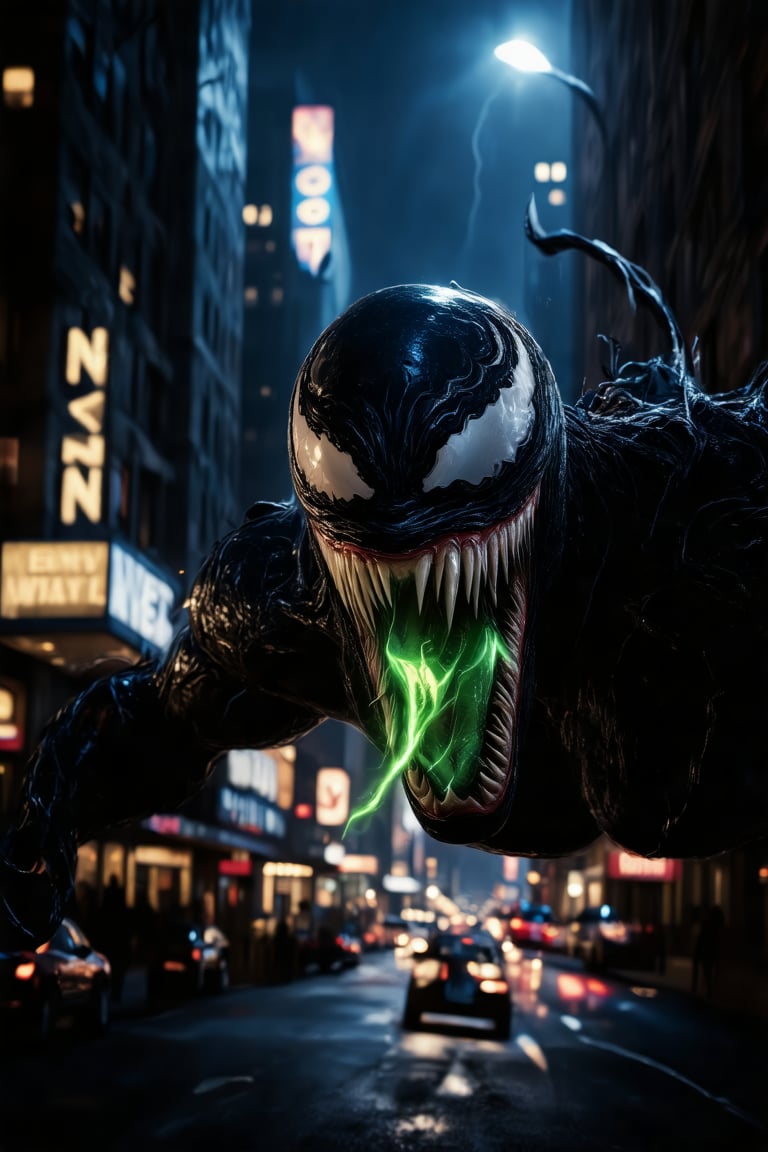 A close-up shot of Venom's grotesque face, lit by a dimly flickering streetlight casting eerie shadows on his scaly skin. His eyes glow with an otherworldly green light as he sneers, revealing razor-sharp fangs. The urban cityscape looms in the background, shrouded in darkness, as Venom's twisted pose seems to defy gravity.