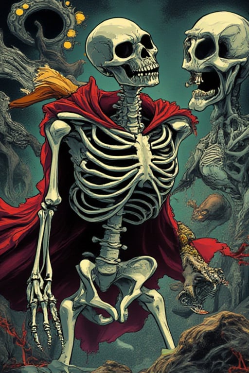 A comic book-style illustration of a superhero skeleton fighting a villainous phantom.