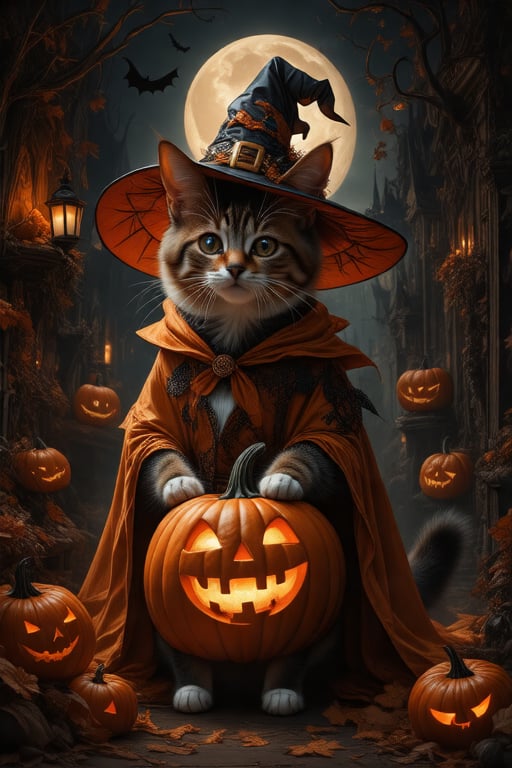 Whimsical diorama captures a gargantuan, saucer-eyed feline donning a bewitching Halloween pumpkin-inspired ensemble amidst dark surroundings. Soft box lighting meticulously illuminates intricate details, echoing Greg Rutkowski's flair for captivating catalogue designs. A stunning photograph that embodies the essence of rococo-punk artistry, this piece would be purr-fectly at home as the cover of a high-end fashion magazine.