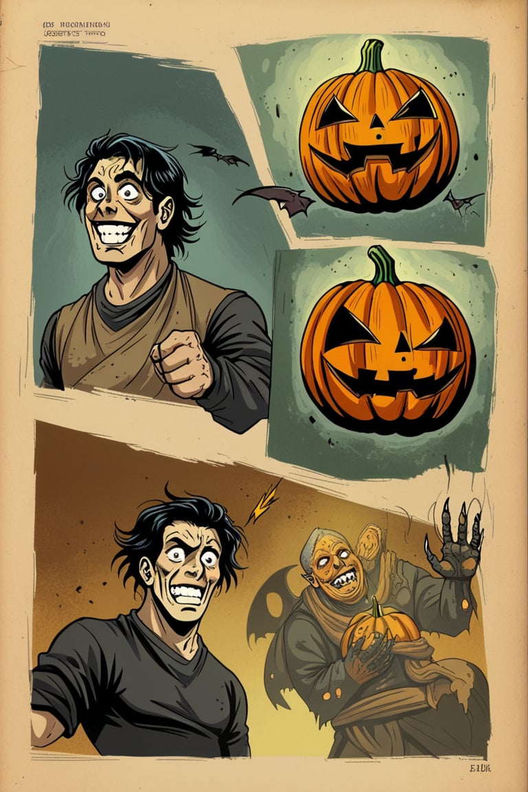  haunting scene: a group of creepy zombies, their eyes glowing with an otherworldly light, are gathered around a giant pumpkin, its carved face twisted into a menacing grin. The camera frames the shot from low angle, looking up at the undead horde as they grasp and claw at the pumpkin, illuminated by flickering jack-o-lanterns casting eerie shadows on the surrounding tombstones.