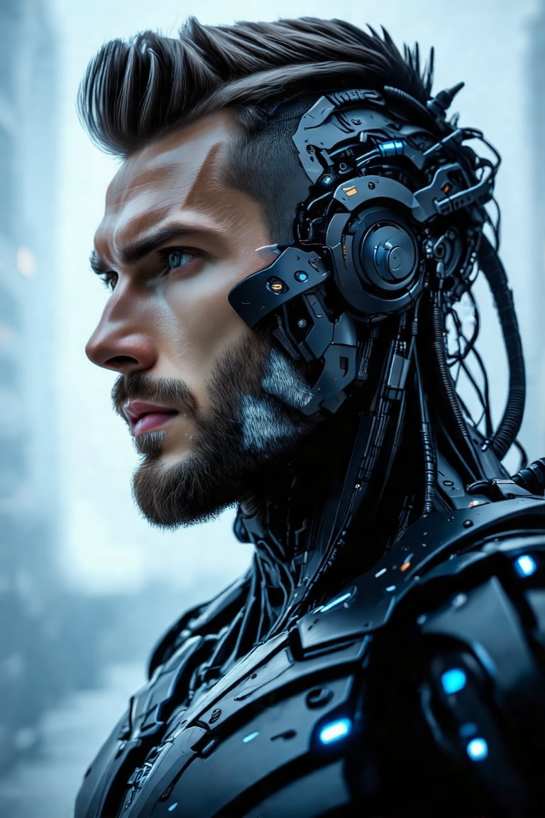 cyborg man, his face is half human, half robot, close up, high detailed texture