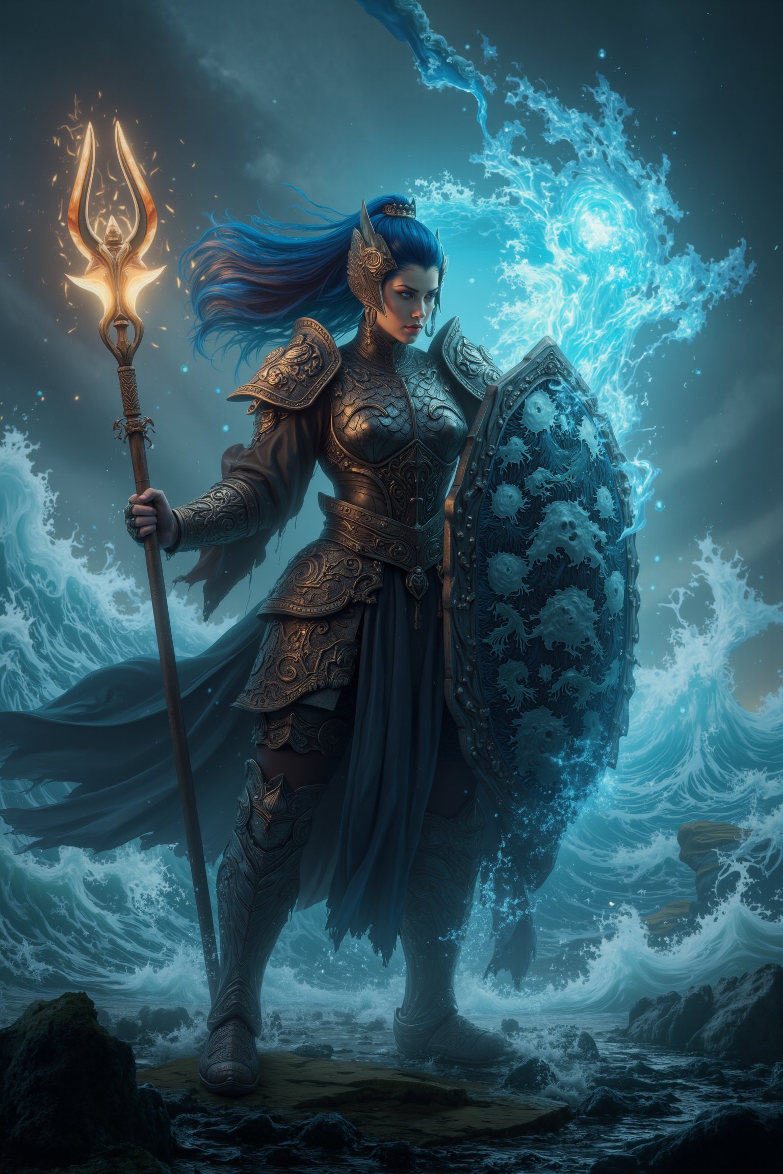 8K UHD digital painting, Gonggong, the paladin goddess, stands victorious amidst turbulent waters. Dark iron and scale armor glisten in a dimly lit, misty atmosphere. Her dragon-adorned helmet and breastplate, etched with tidal waves and serpents, reflect her dominion over oceans and rivers. A massive trident crackles with deep energy, while a shield emblazoned with roaring sea waves glows. Gonggong's dynamic pose captures her summoning a mighty tidal wave, with blue hair flowing like water behind her. The divine, water-soaked ground beneath her feet seems ready to unleash her full fury upon the battlefield.