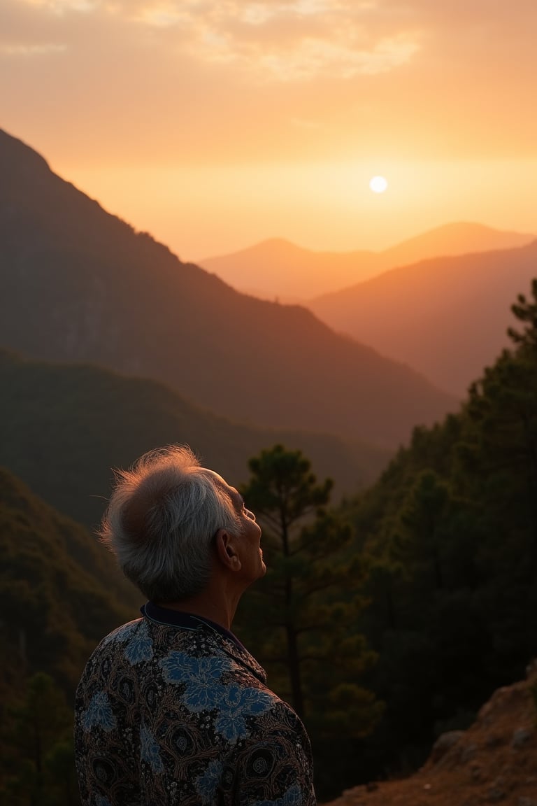 An ultra high detailed, 8K image of a stunning mountain landscape at sunset, with the sun setting behind the peaks, casting a warm glow over dense trees. In the distance, an elderly man, aged 60, wearing a batik-patterned shirt, gazes at the sunset. The serene scene captures the natural beauty and the man's contemplative expression, framed by the golden light of the setting sun, in a wide, distant view with the background in sharp focus.