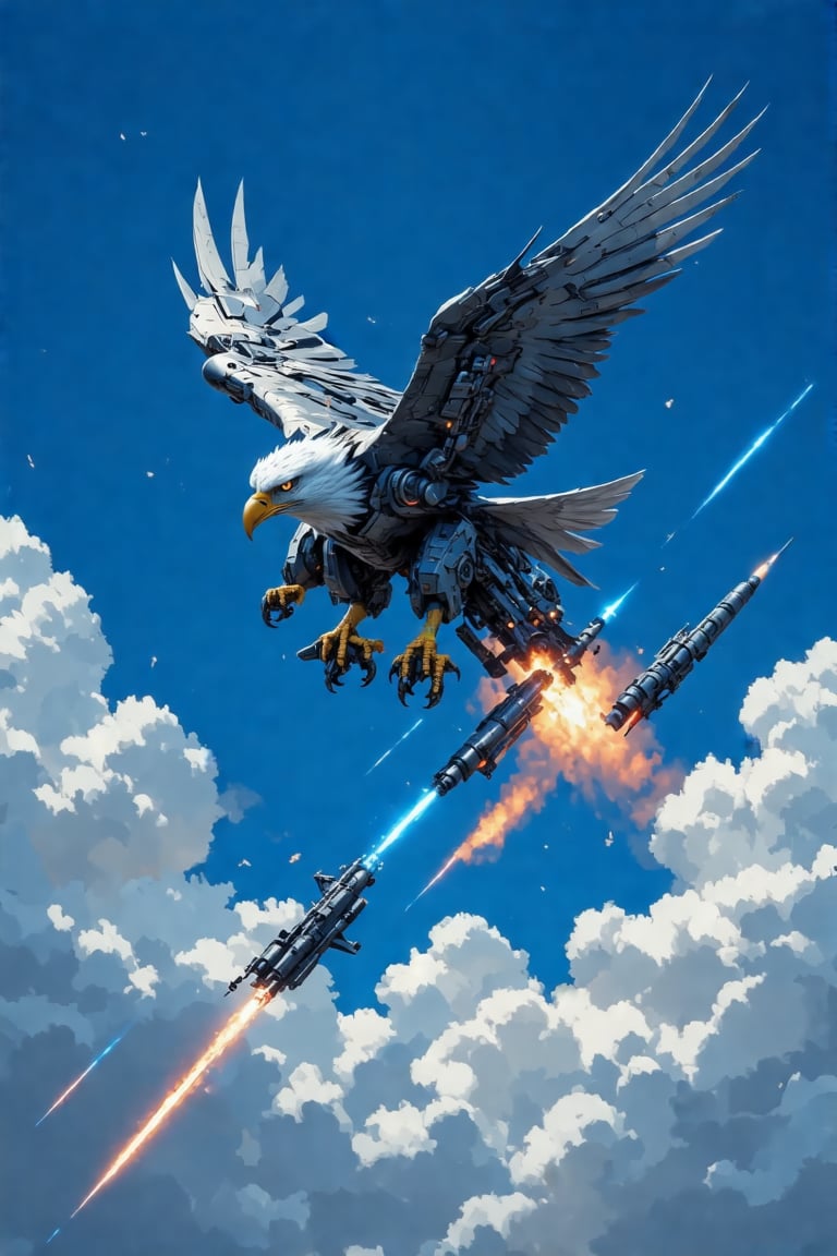 A majestic mecha eagle aircraft soars through a cloudless blue sky, its sleek body adorned with intricate mechanical details. The sharp gaze of the mecha's piercing eyes seems to pierce through the clouds as it banks and dives in mid-air, flapping its metallic wings with precision. A cluster of high-tech weaponry adorns its tail, ready to unleash a barrage of laser fire or missiles at a moment's notice. Against the vibrant blue background, the mecha eagle's mechanical feathers glisten with an otherworldly sheen.