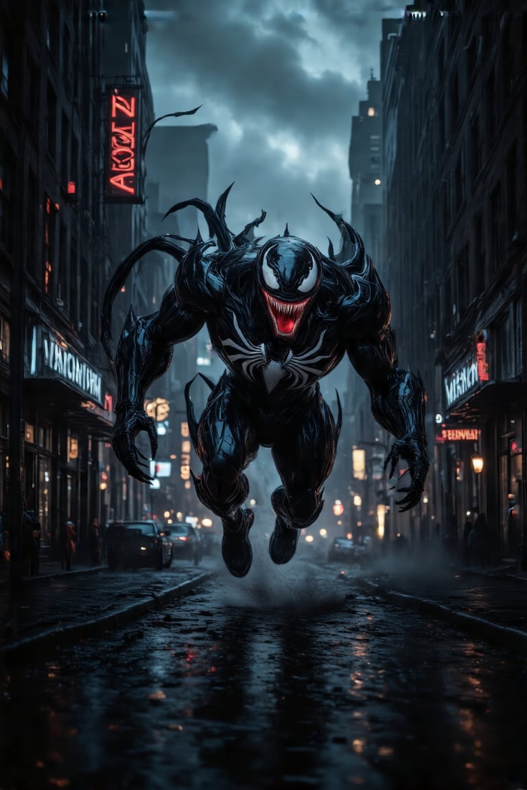 A dark, misty cityscape at dusk sets the tone as a menacing cyborg robot, resembling Venom, emerges from the shadows. Its metallic body glistens with an eerie sheen under the flickering streetlights, while its glowing red eyes pierce through the fog. The air is thick with tension as it hurtles down the deserted alleyway, its advanced limbs propelling it at incredible speed, leaving a trail of distorted reality in its wake, as if time and space are being warped by its very presence.