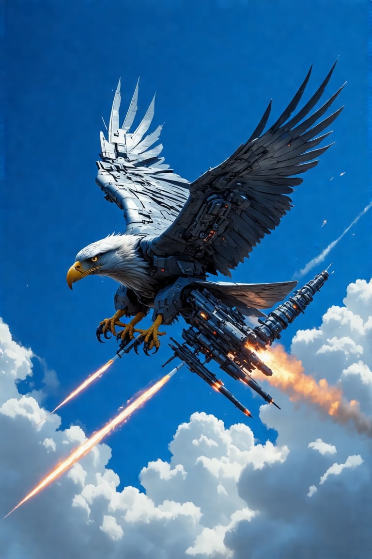 A majestic mecha eagle aircraft soars through a cloudless blue sky, its sleek body adorned with intricate mechanical details. The sharp gaze of the mecha's piercing eyes seems to pierce through the clouds as it banks and dives in mid-air, flapping its metallic wings with precision. A cluster of high-tech weaponry adorns its tail, ready to unleash a barrage of laser fire or missiles at a moment's notice. Against the vibrant blue background, the mecha eagle's mechanical feathers glisten with an otherworldly sheen.