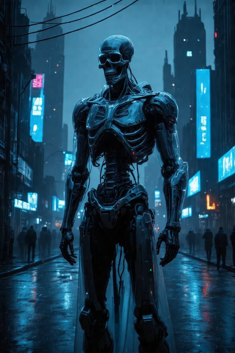 A futuristic cityscape at dusk, with neon lights reflecting off wet pavement. In the foreground, a skeleton cyborg stands tall, its metallic body gleaming in the fading light. Polycarbonate plating covers its torso, while wires and circuitry are visible beneath the surface. Futuristik architecture looms behind it, with sleek lines and angular shapes. The atmosphere is eerie and foreboding, with an air of mechanized menace.