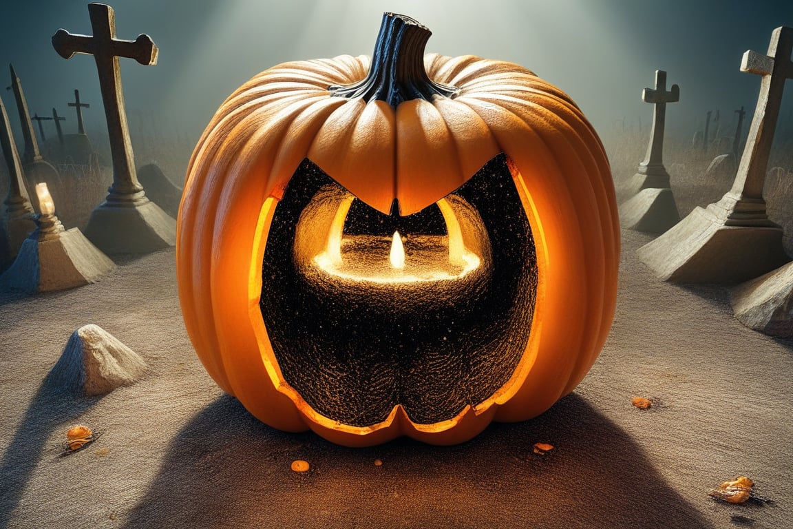 A close-up shot of a pumpkin,  illuminated by a warm orange glow from within,  sits atop a grave marker in a dimly lit cem...