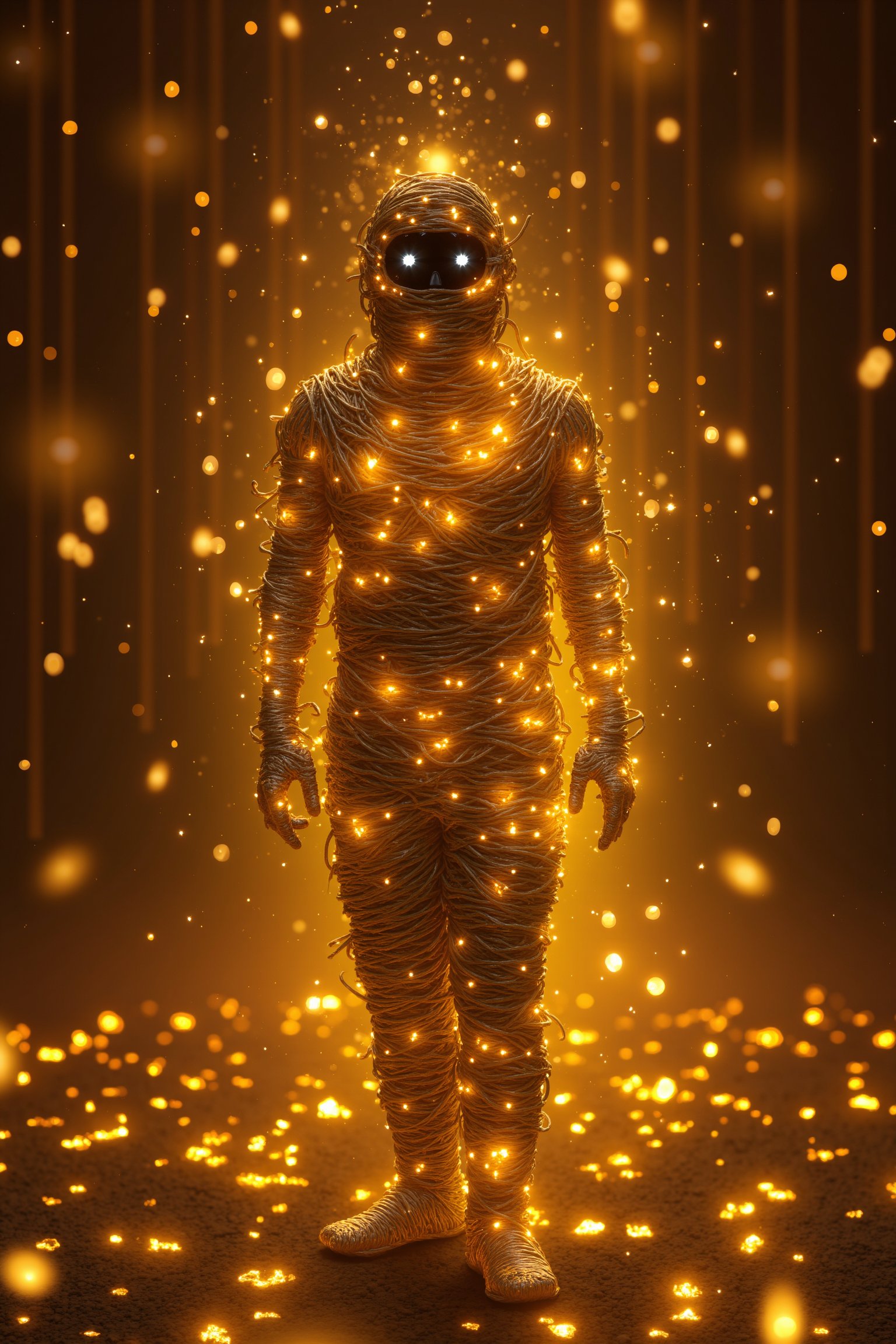 An 8K image of a mummy wrapped in sparkling, light-infused bandages, standing in a treasure-filled chamber. The mummy's form is illuminated by a bounty of sparkling gems and gold, creating a radiant, ethereal glow. The composition is dynamic, with the mummy's pose exuding an ancient, mystical presence amidst the glittering bounty.