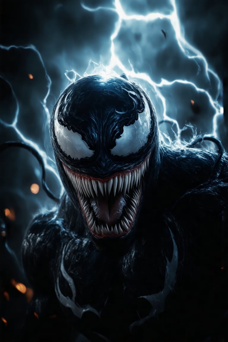 A hauntingly eerie image unfolds: a close-up shot of Venom's scowling face, lit by a faint, flickering glow that casts ominous shadows on the surrounding darkness. His eyes burn with an otherworldly intensity as he appears to be mid-bellow, the sound waves distorting the air around him like a speed effect. The framing is tight, emphasizing Venom's menacing proximity.